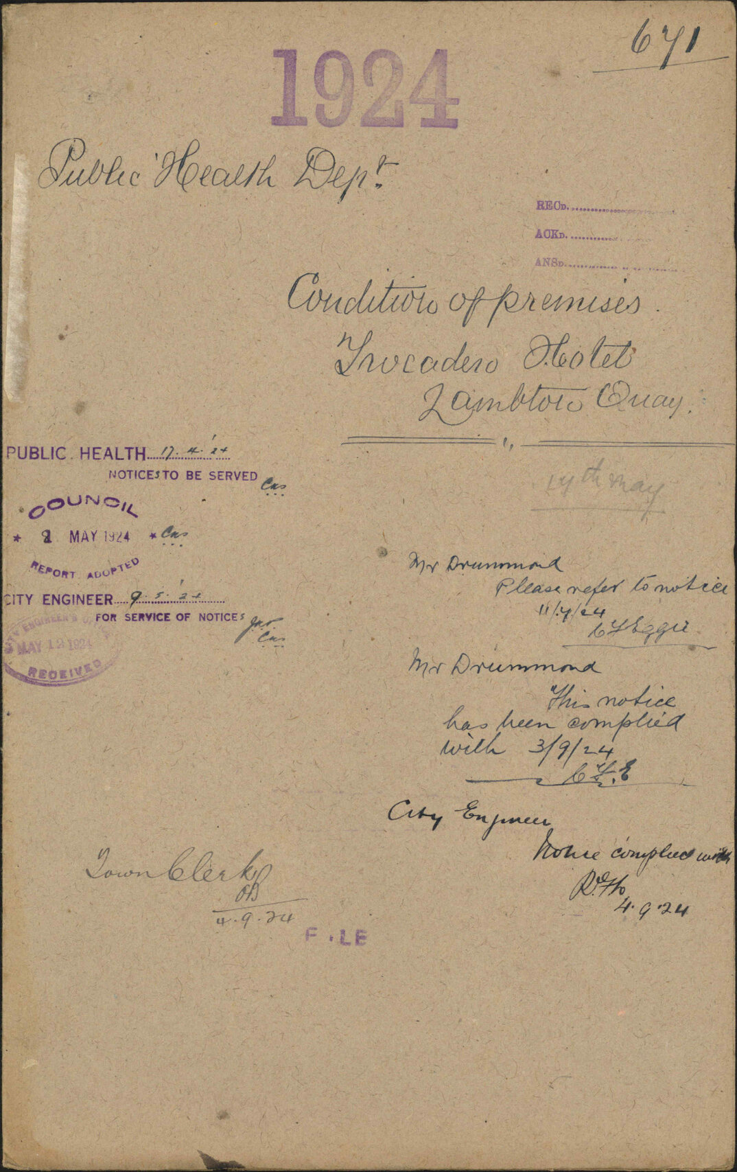Condition of premises, Trocadero Hotel, Lambton Quay - Public Health Department