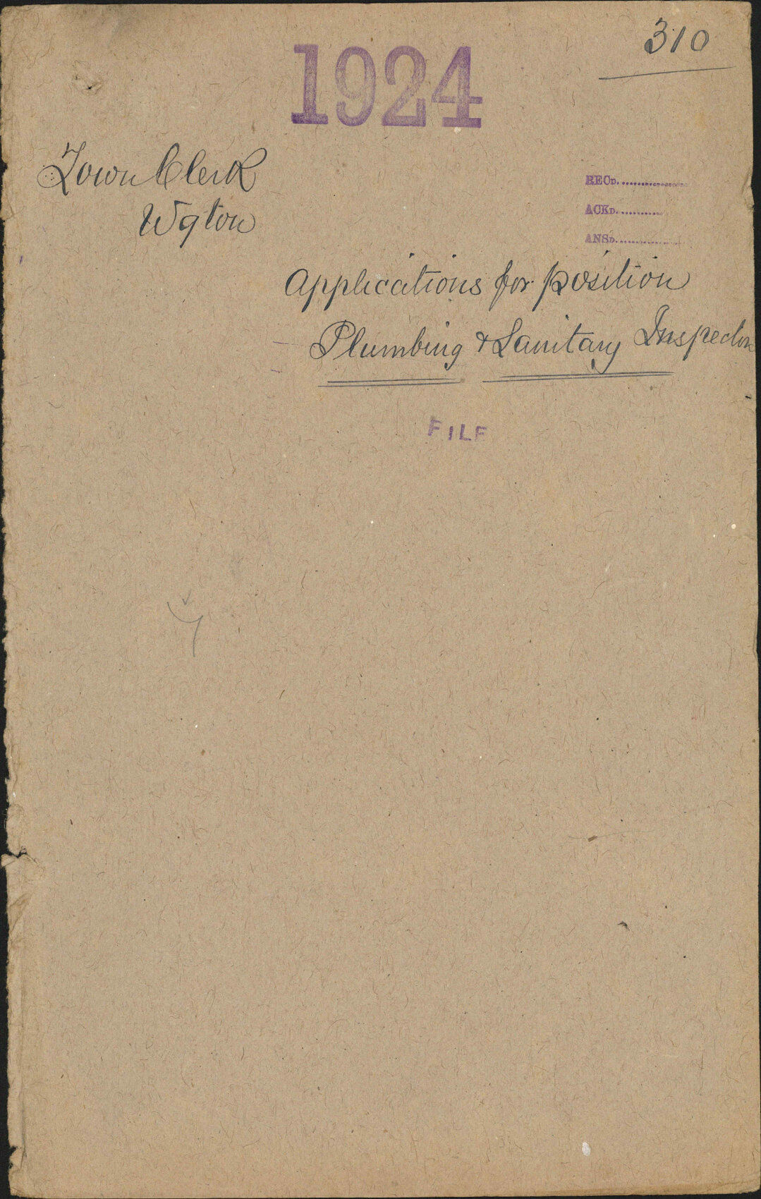 Applications for position, Plumbing and Sanitary Inspector - Town Clerk, Wellington