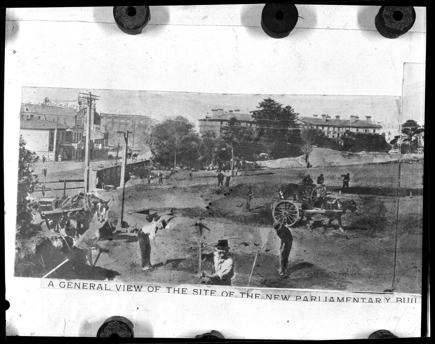 A general view of the site of the new Parliamentary Buildings, showing the layout of the grounds and preparations fro the foundations.