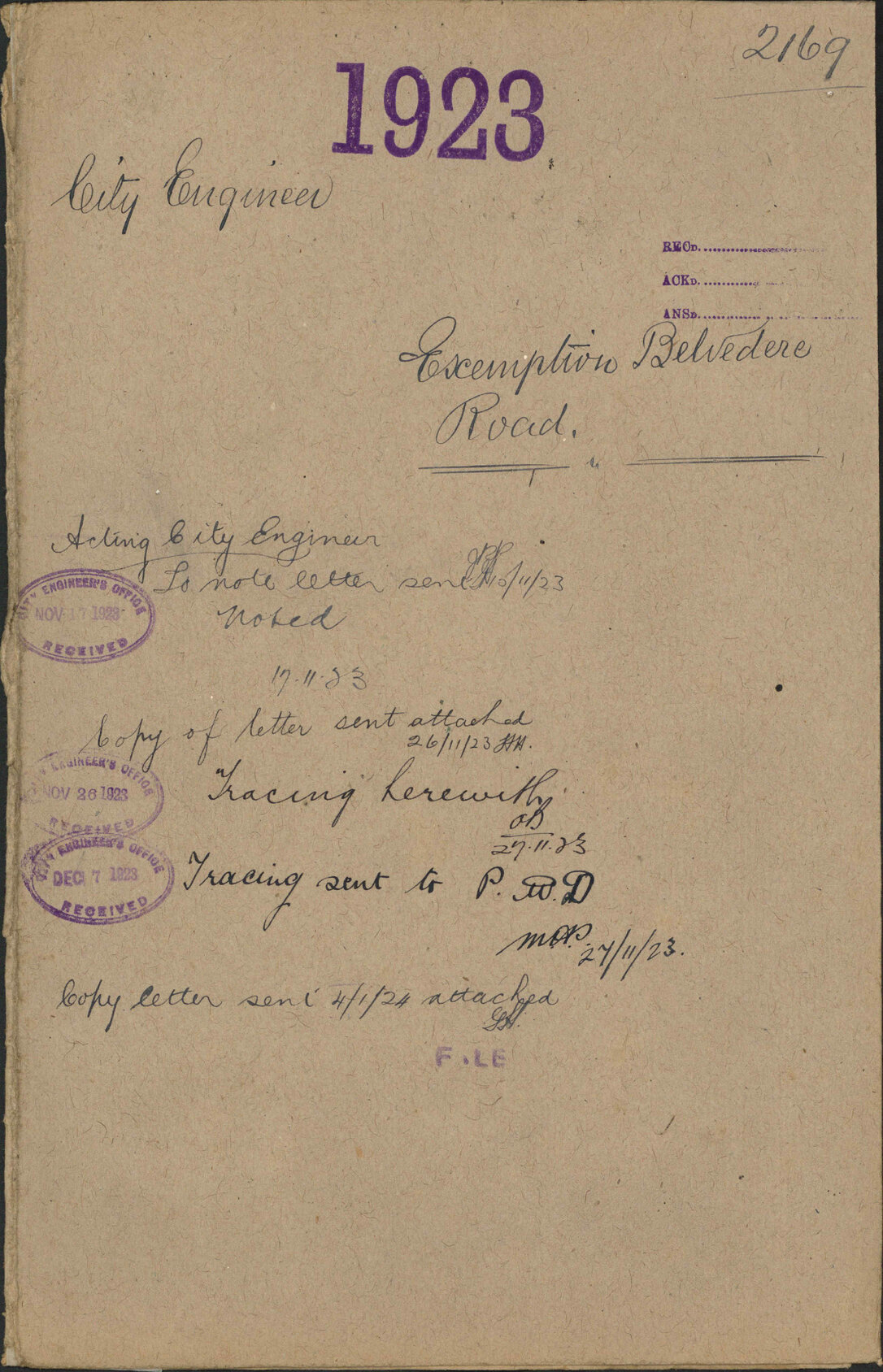 Exemption, Belvedere Road - City Engineer