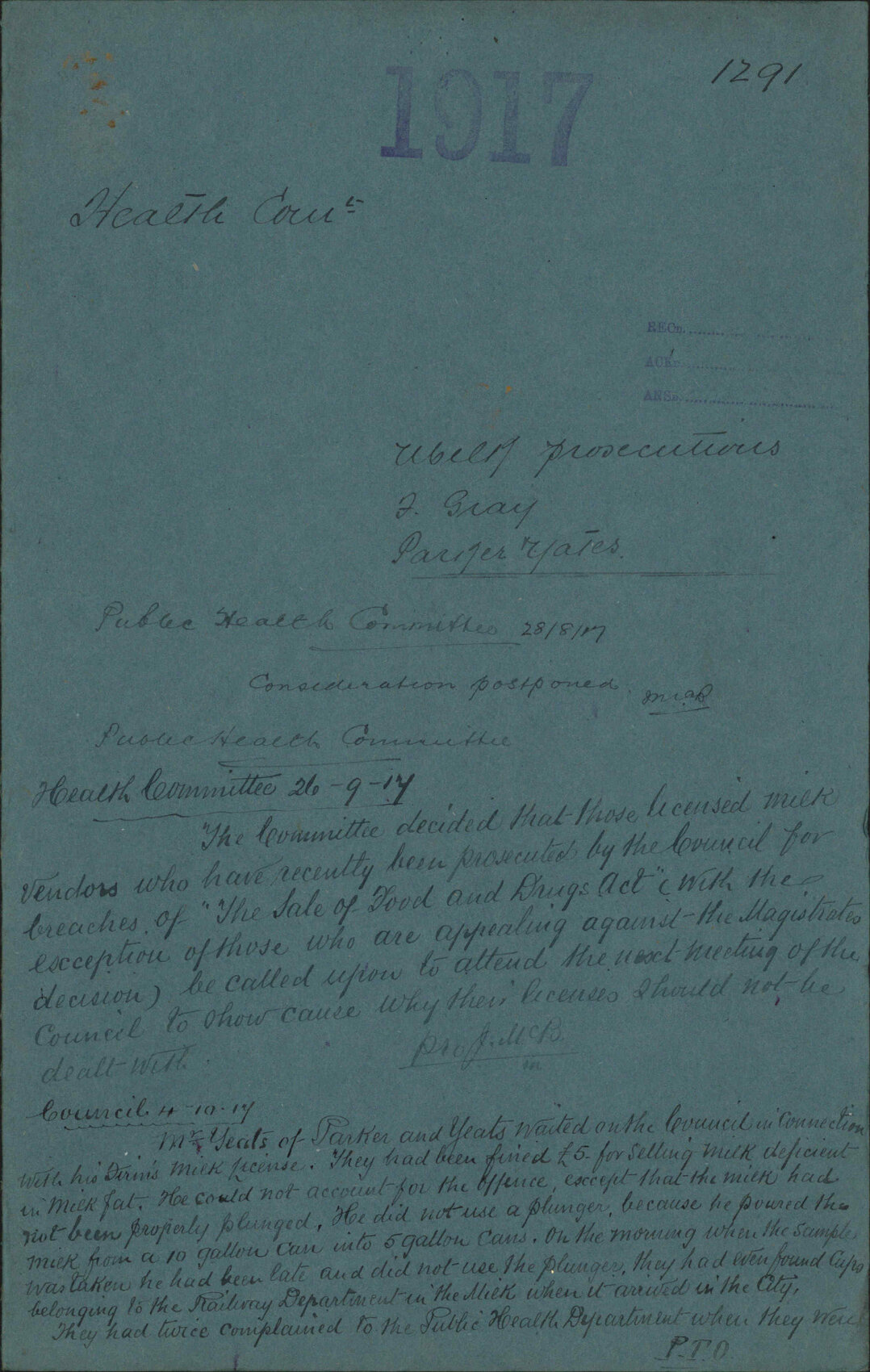 Milk prosecutions, F Gray, Parker &amp; Yates - Health Committee