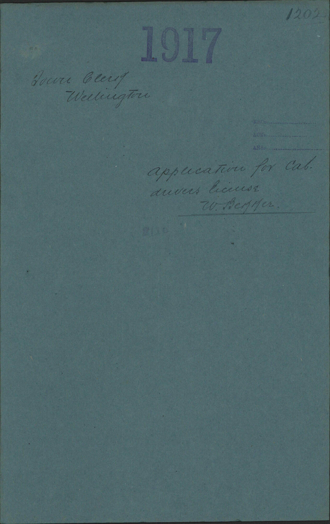 Application for Cab Drivers license, William Bekker - Town Clerk, Wellington