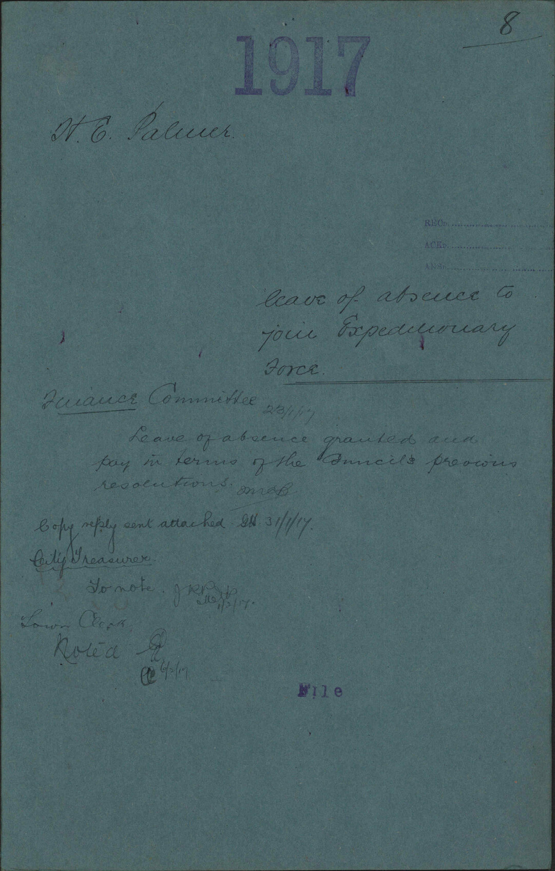 Leave of absence to join Expeditionary Force - H E Palmer