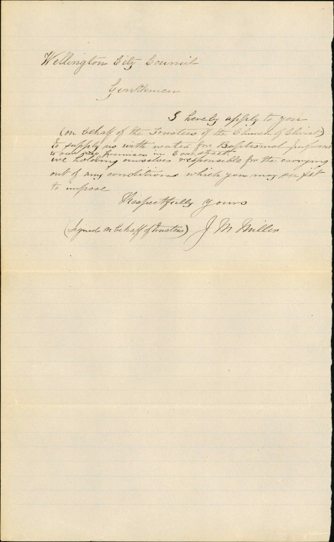 Application for free supply of water to Church of Christ - J M Miller
