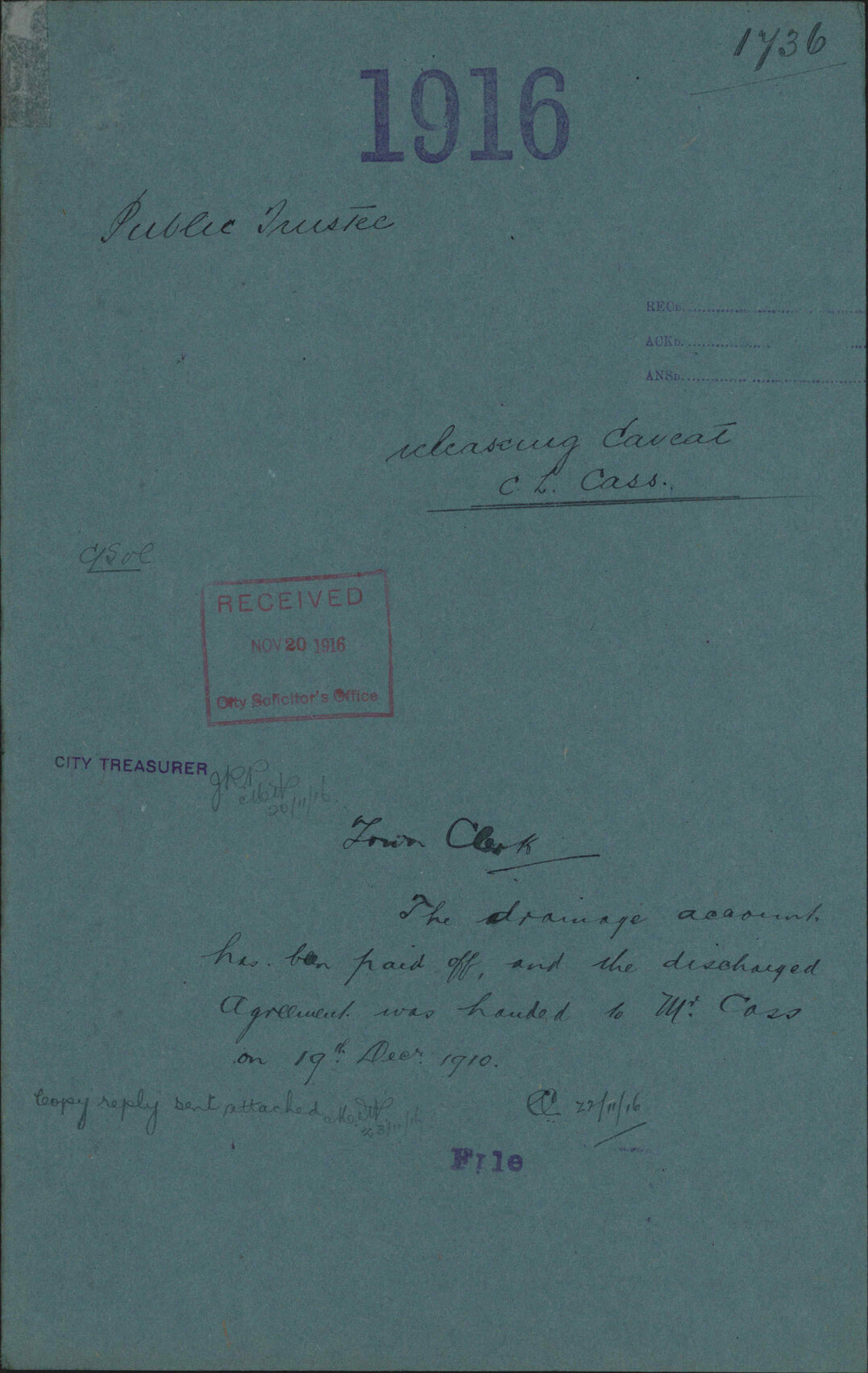 Releasing caveat, C L Cass - Public Trustee