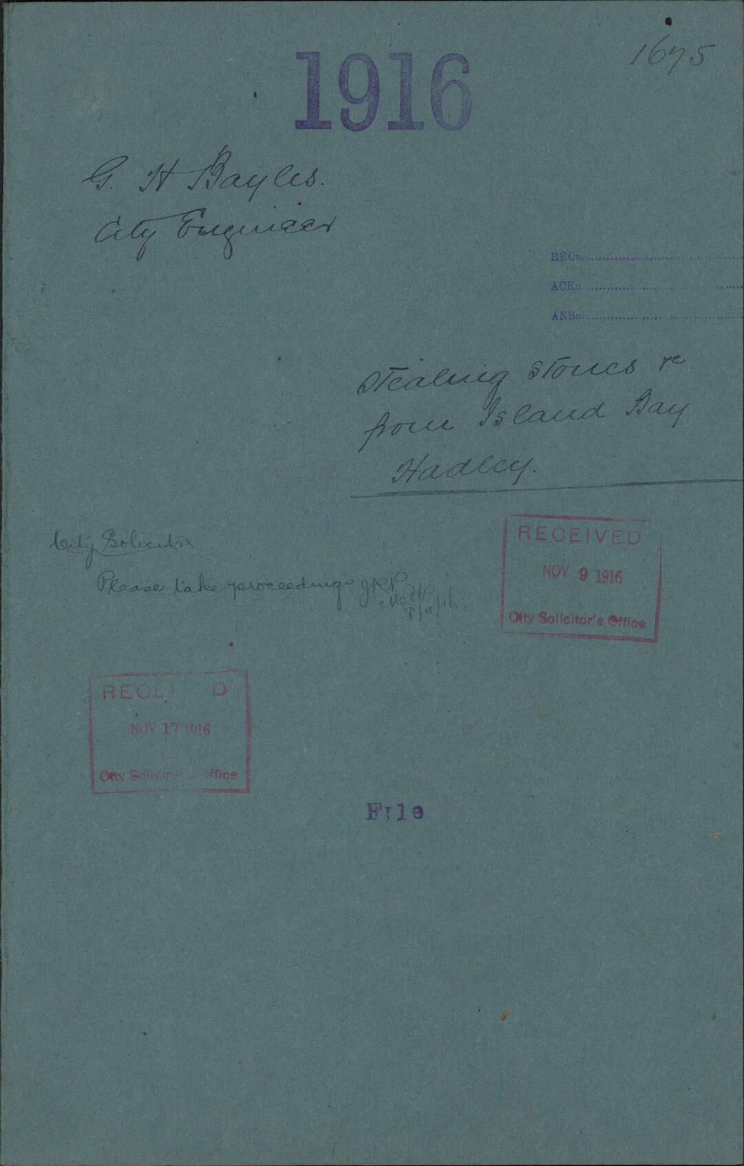 Stealing stones etc from Island Bay, Hadley - G H Balis, City Engineer