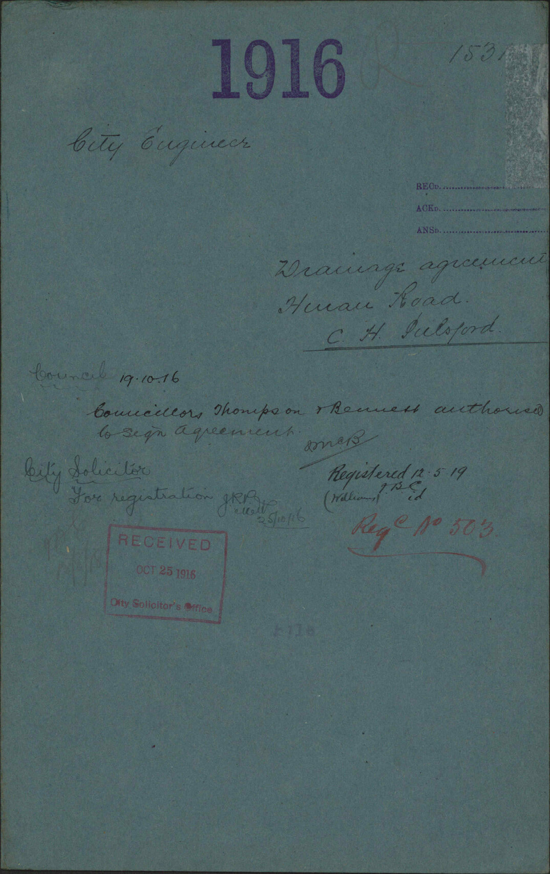 Drainage agreement, Hinau Road, C H Pulsford - City Engineer