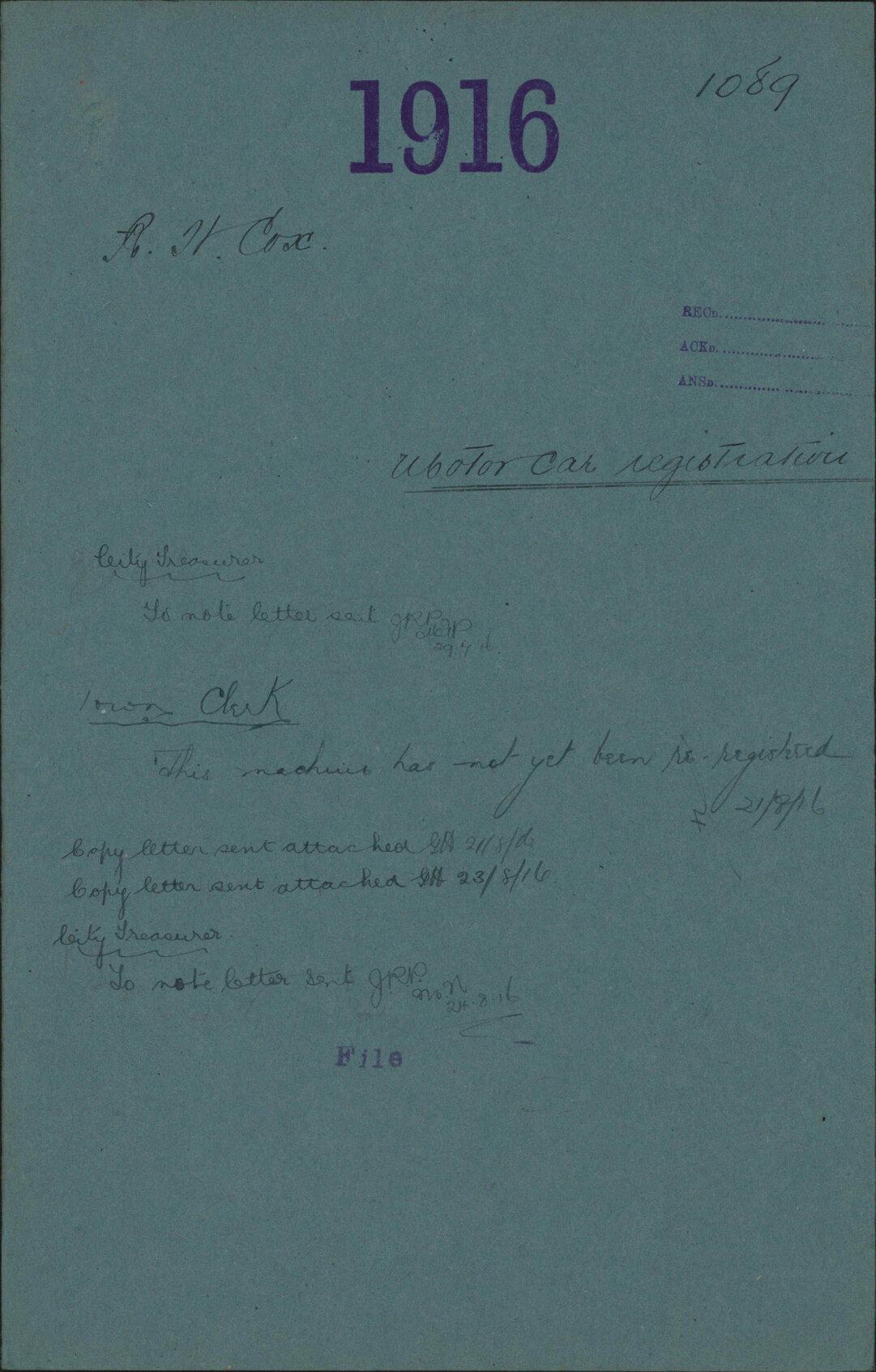 Motor car registration - R H Cox