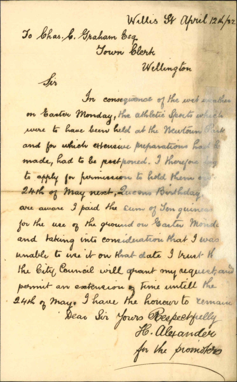 Application for Newtown Park on Queens Birthday in lieu of Easter Monday, to book - H Alexander