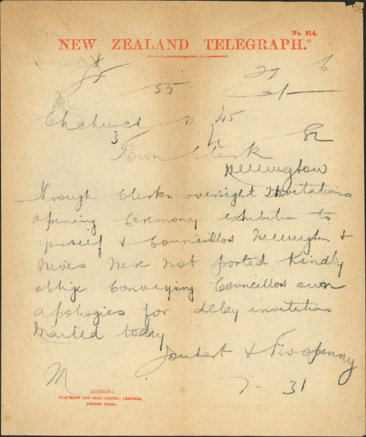 Invitation to Councillors and their wives - Christchurch exhibition