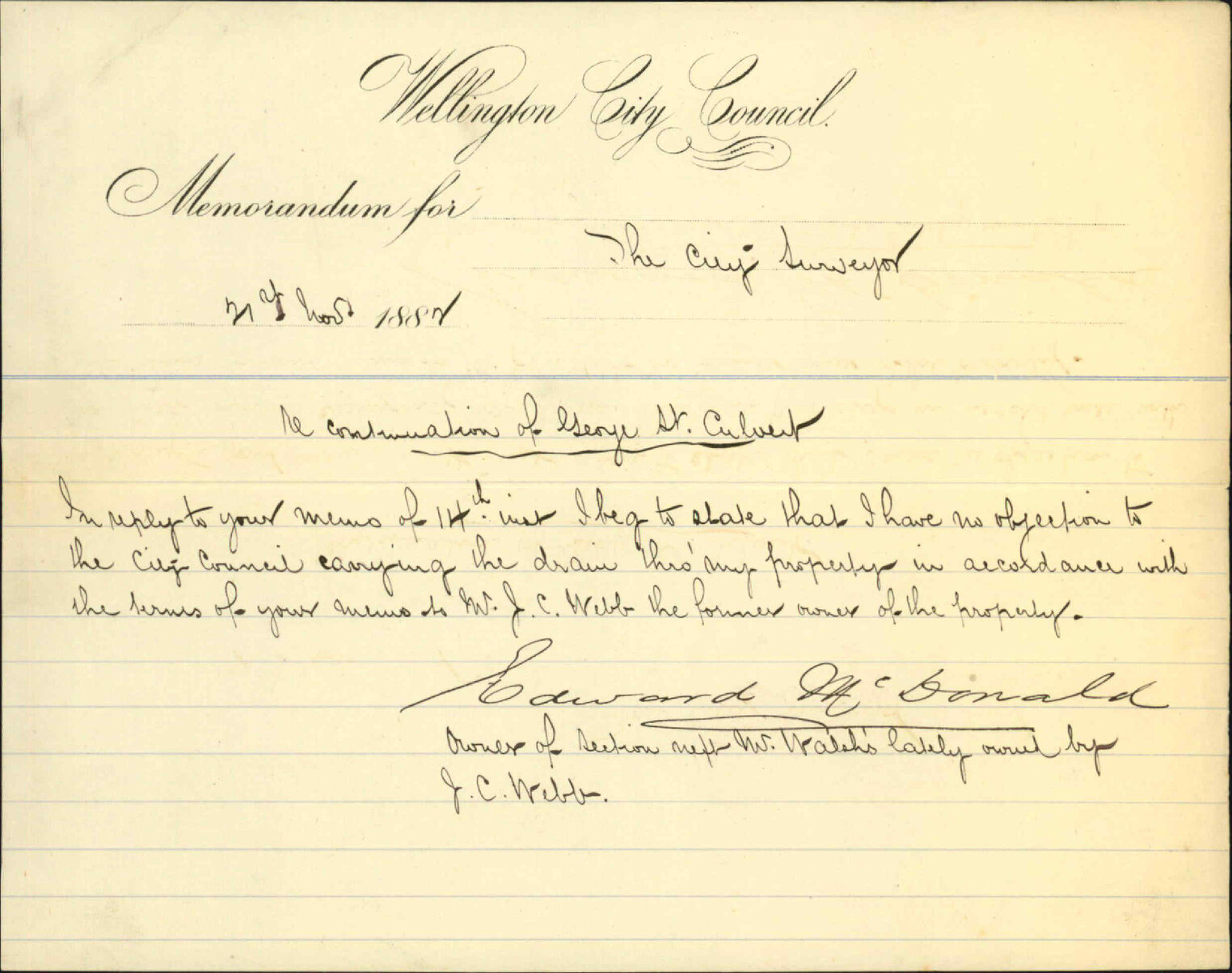 Consenting to George Street drain through his property - Edward McDonald