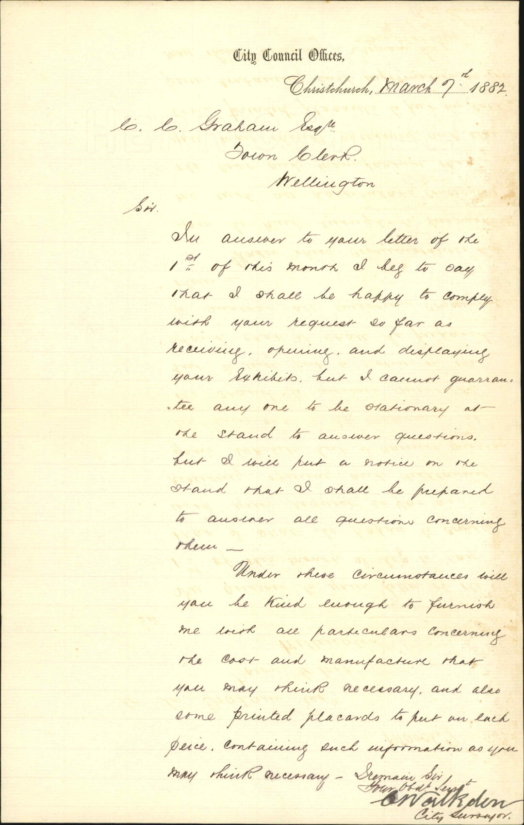 City Surveyor, Christchurch, regarding exhibition to be forwarded to his care