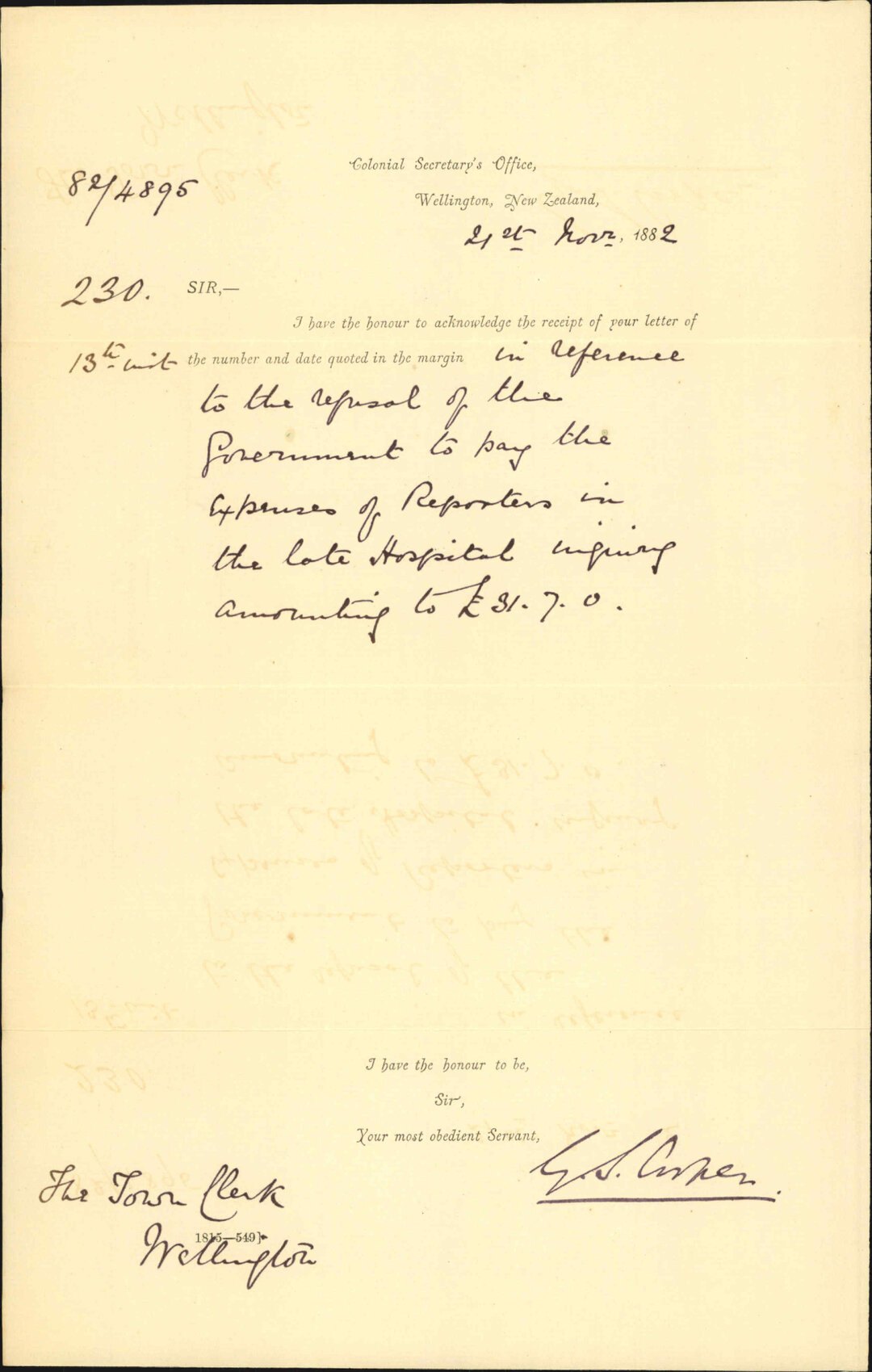 Acknowledging receipt of letter regarding hospital expenditure in enquiry committee - Colonial Secretary