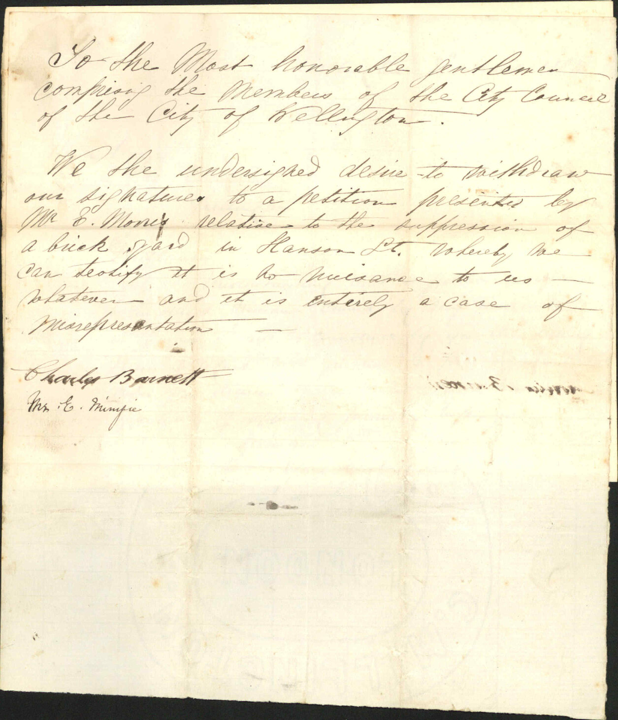 W H Back, regarding petition as to brickworks in Hanson Street