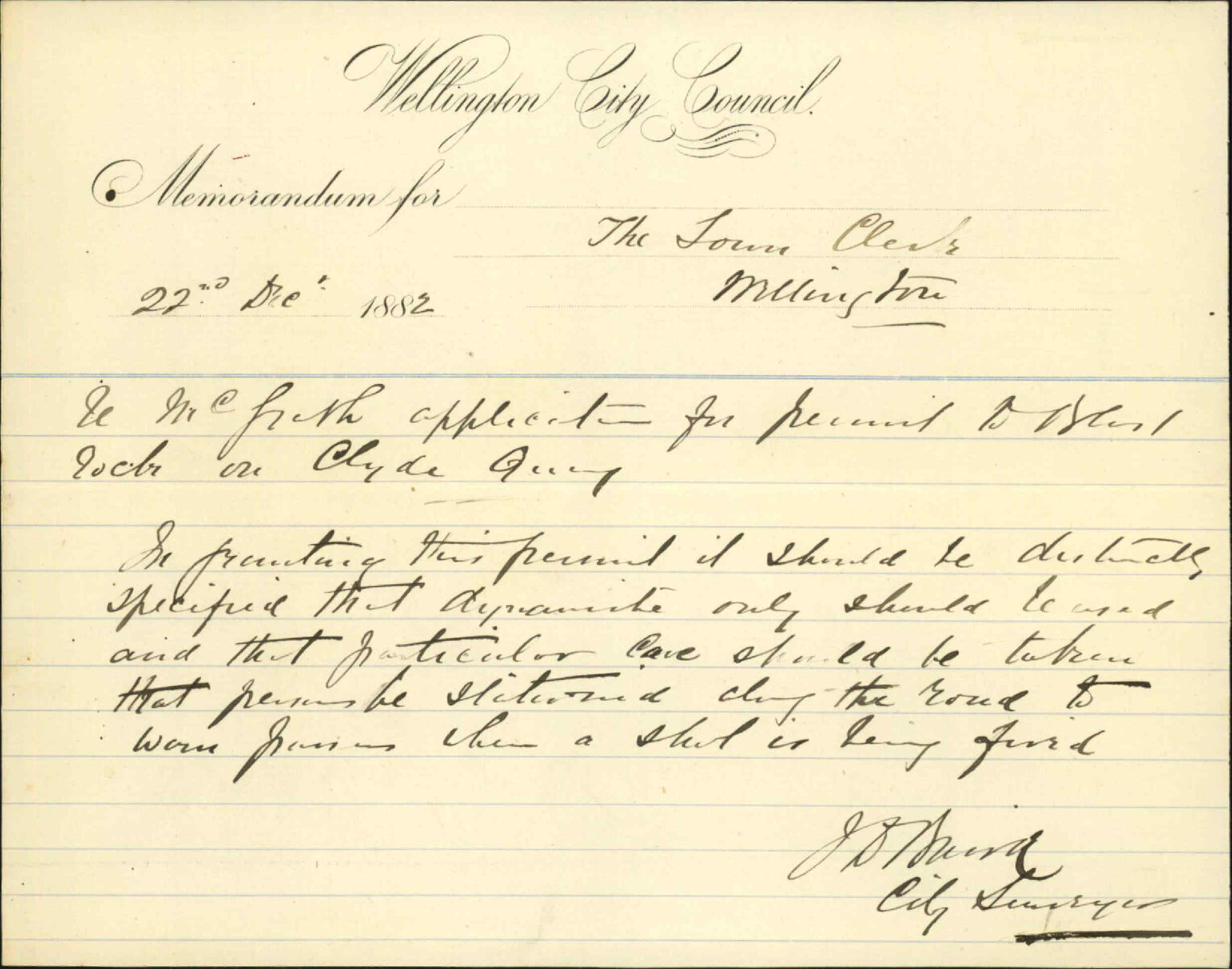 Mr McGraths application for leave to use dynamite at Clyde Quay - City Surveyor