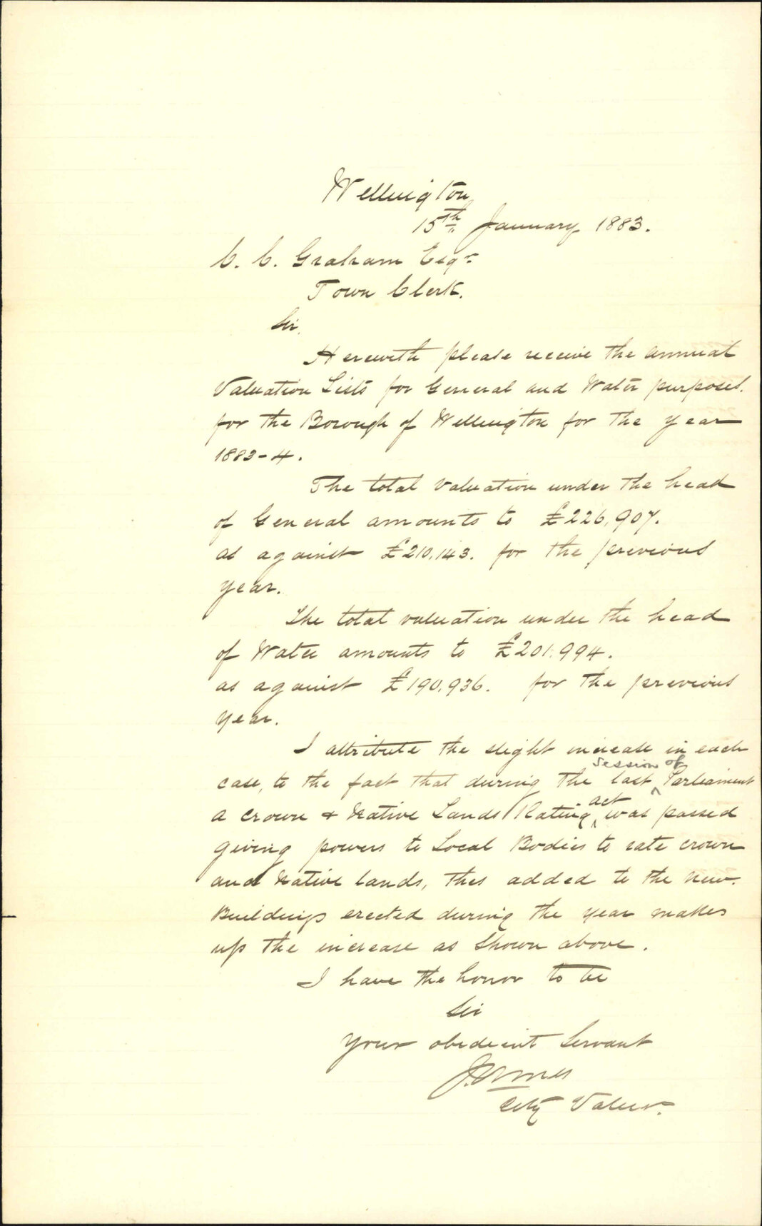 forwarding city calculation for year 1883/4 - City Valuer