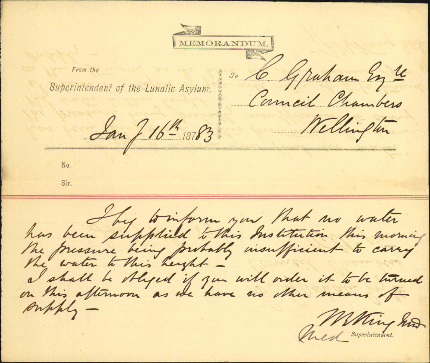 Complaint as to non supply of water - Lunatic Asylum