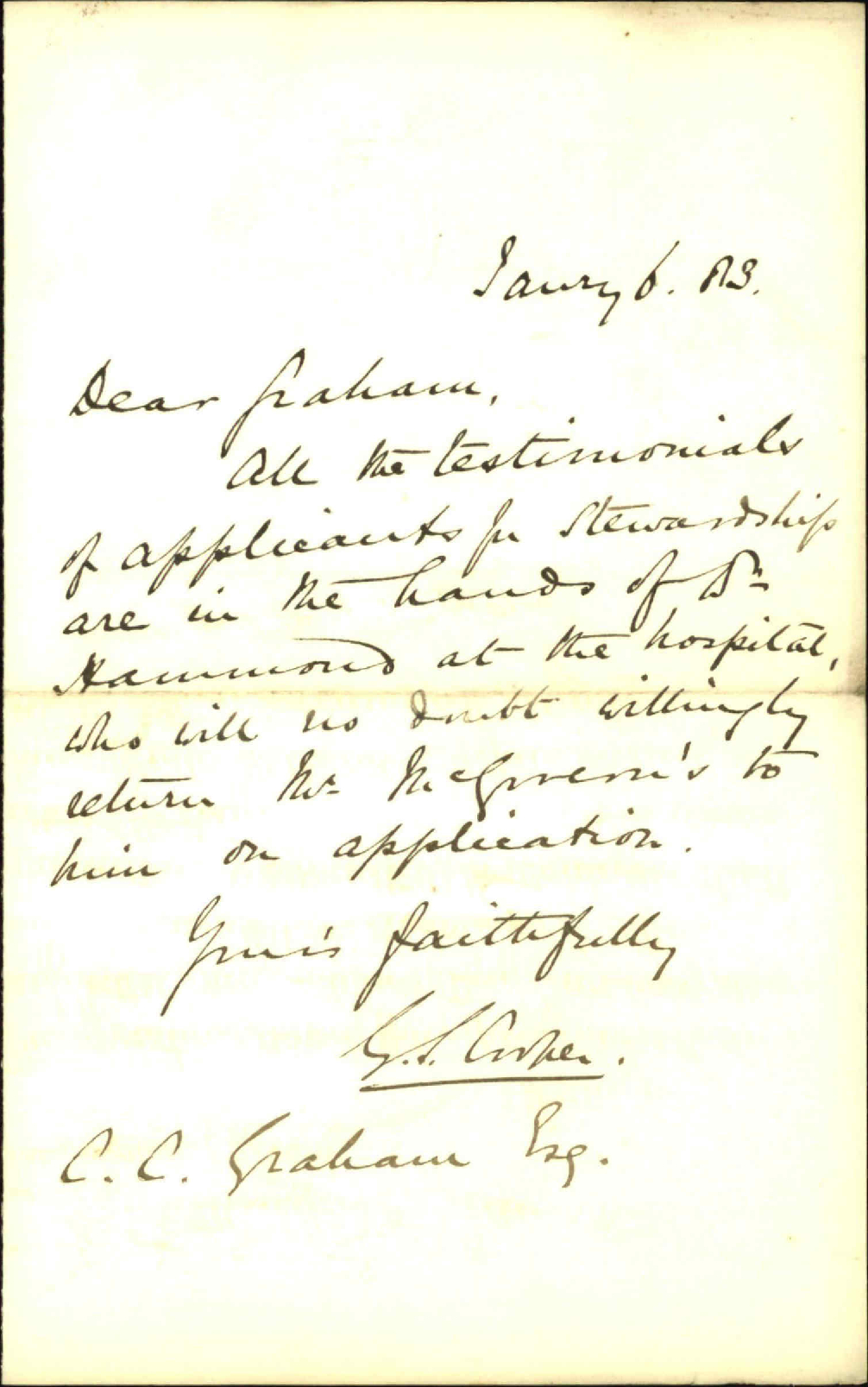 Testimonials of hospital appointments, at the hospital with Dr Hammond - Colonial Secretary