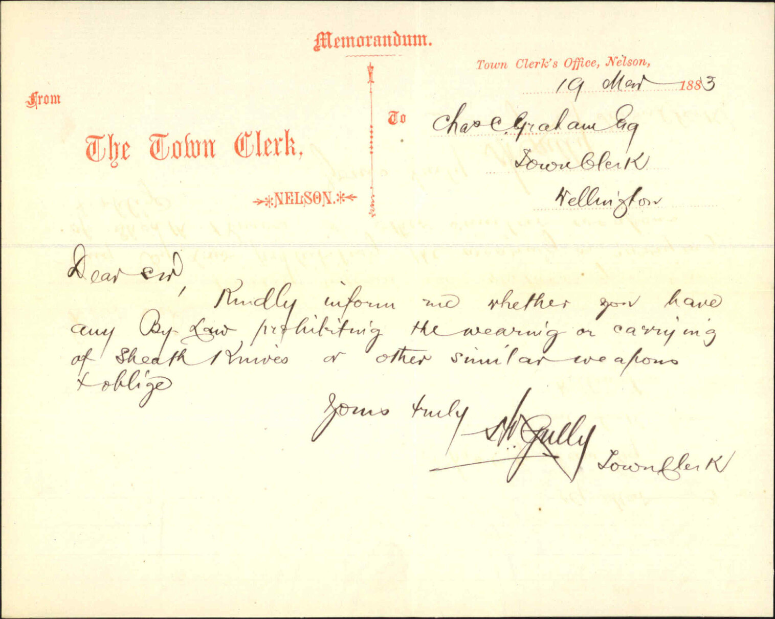 Asking particulars as to curtain bylaws - Town Clerk, Nelson