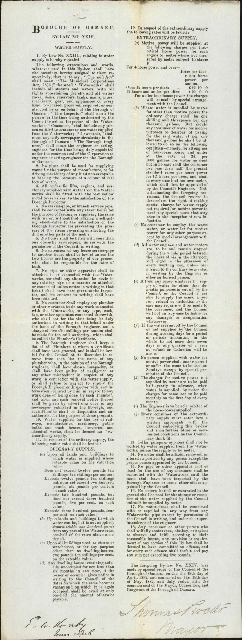 With charges for water used for motive power - Town Clerk Oamaru