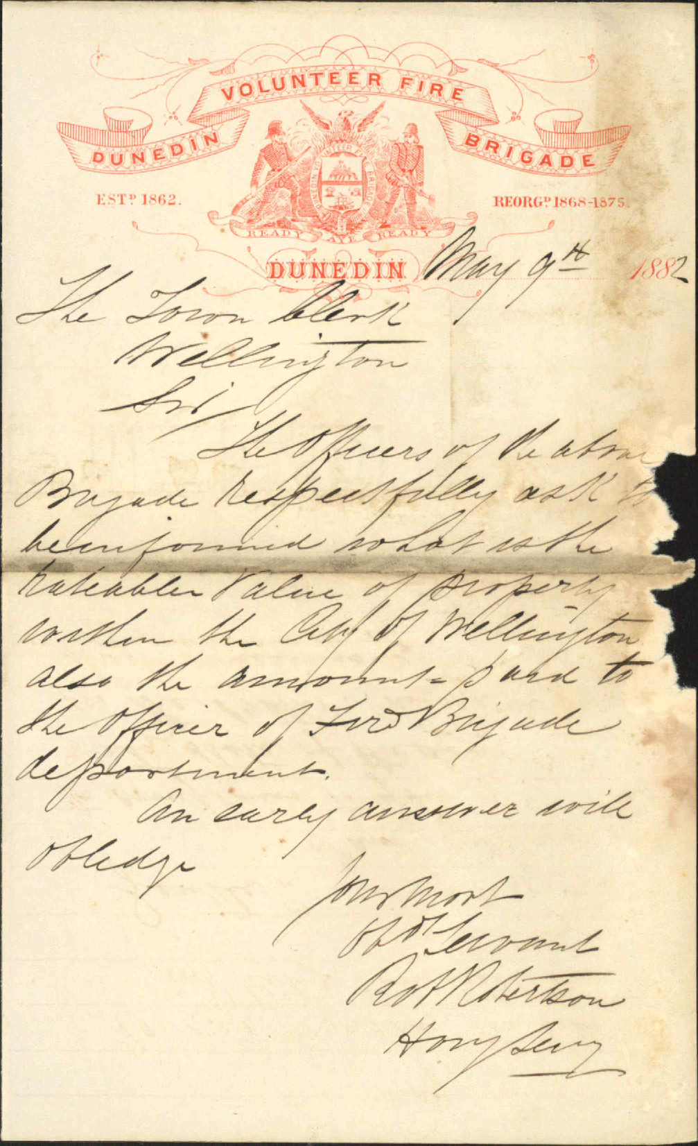 Enquiries as to Wellington Volunteer Fire Brigade - Dunedin Volunteer Fire Brigade