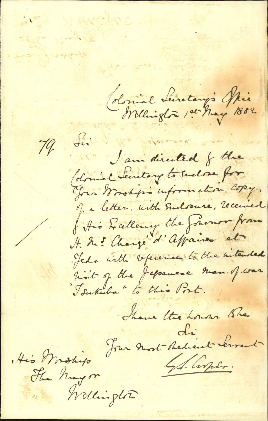 Advising the forthcoming arrival of Japanese Man of War - Colonial Secretary