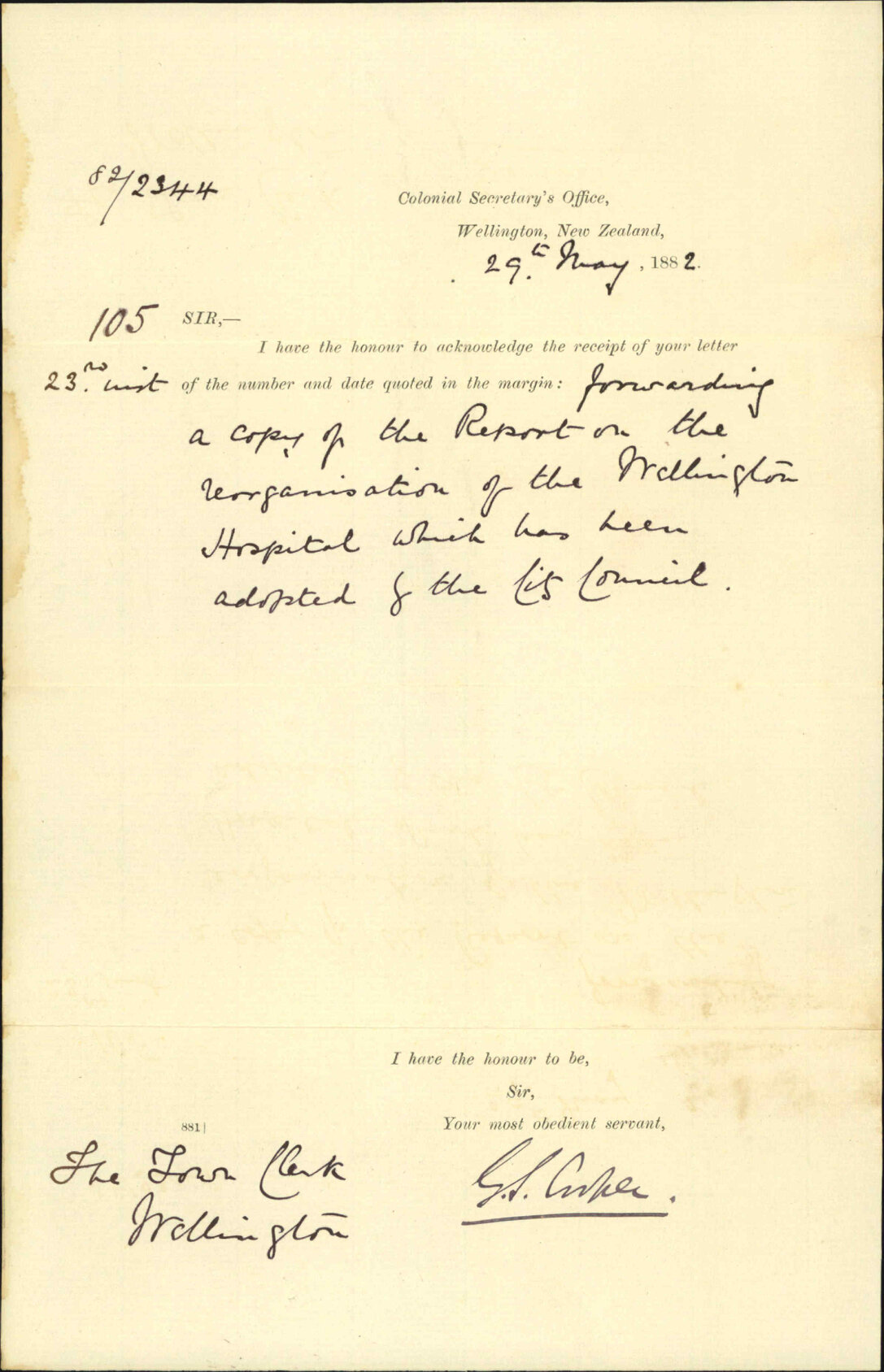 Acknowledging receipt of hospital report - Colonial Secretary
