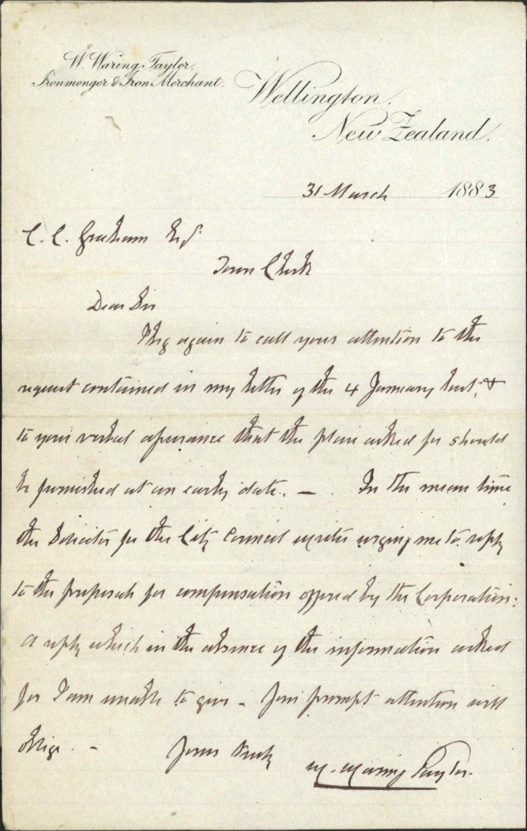 Boundary of his property and Te Aro - W Waring Taylor
