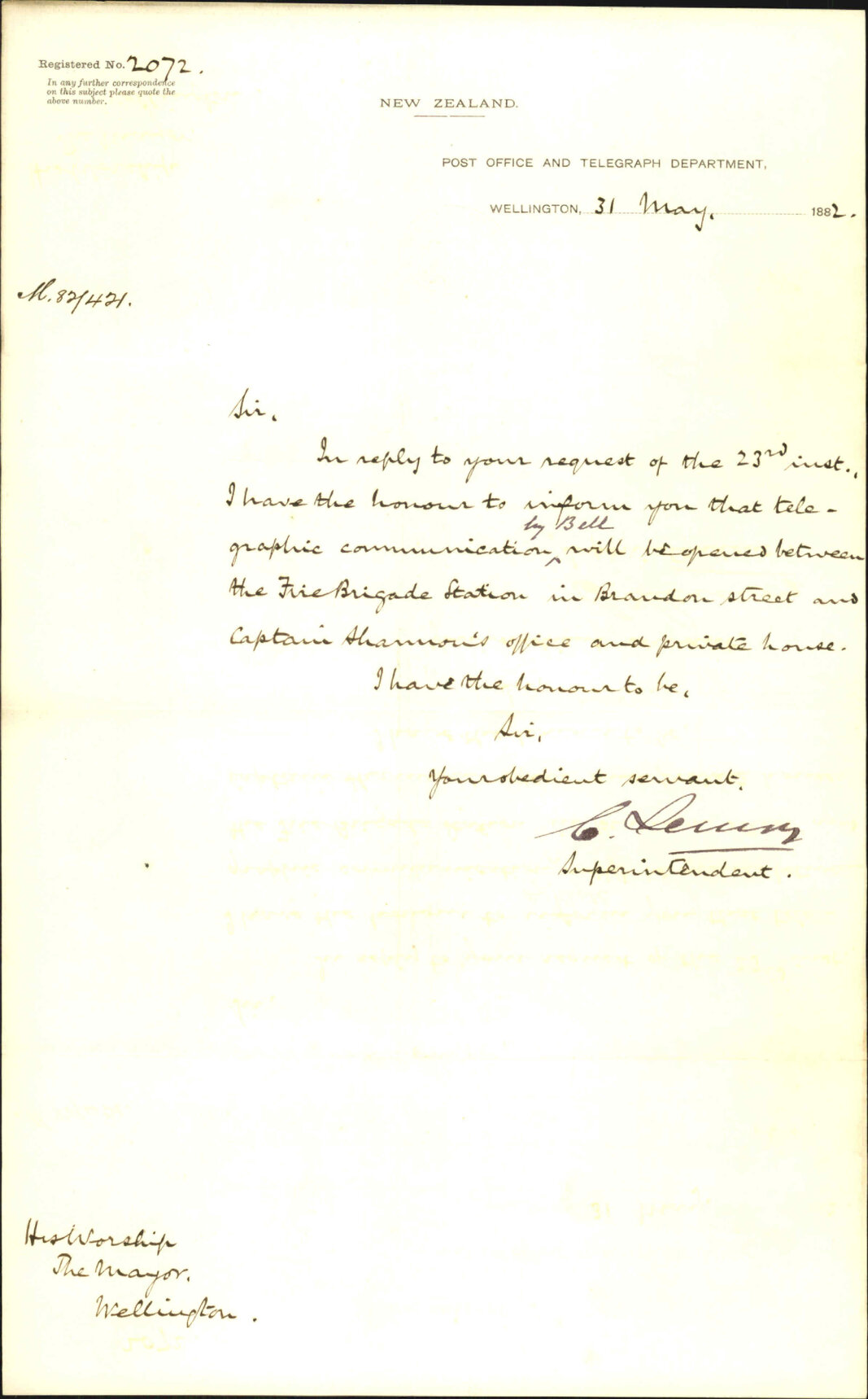 Telegraph wires to Captain Shannon's premises - Telegraph Department