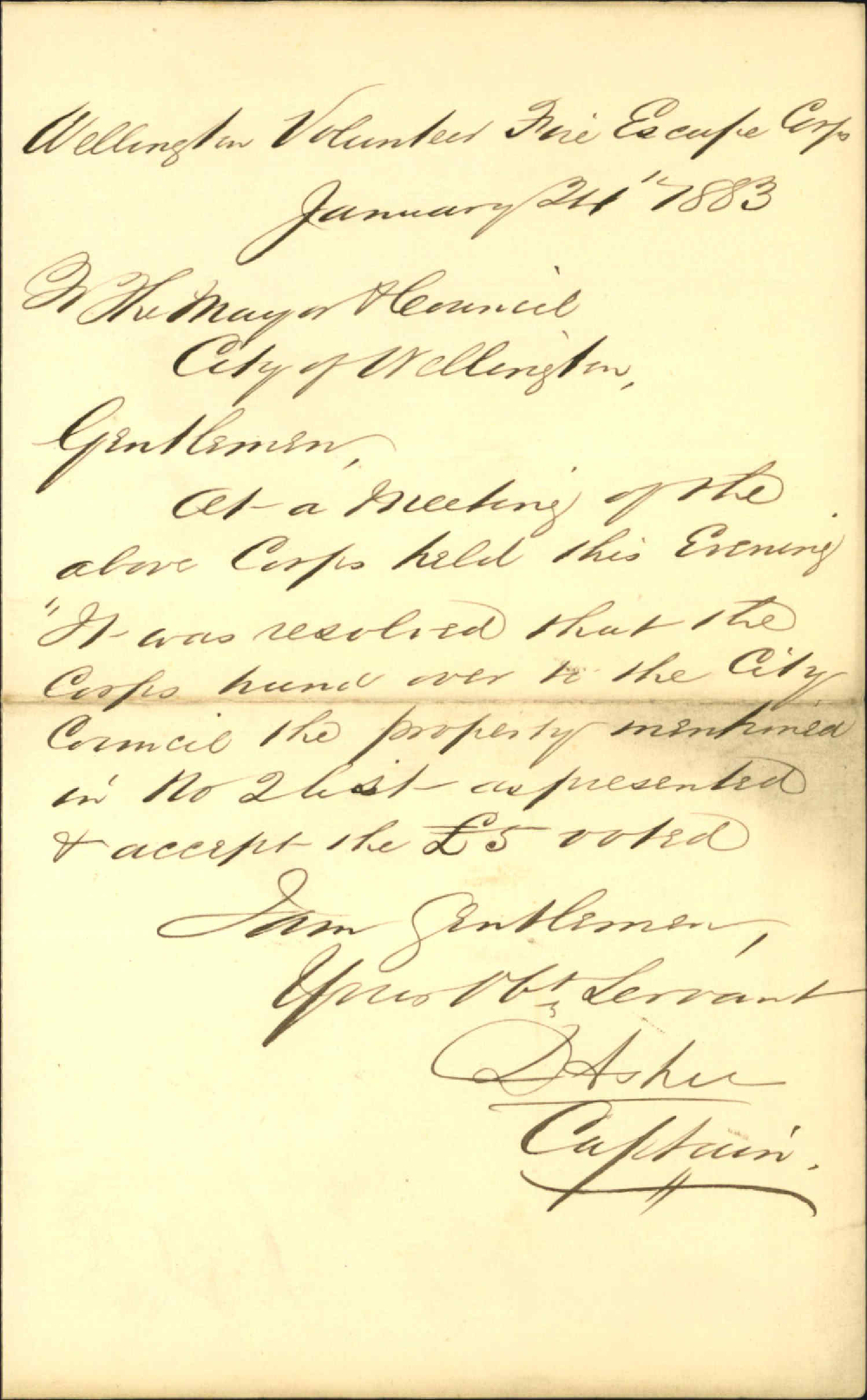 To hand over all the property of the Corps for &pound;5 - Wellington Volunteer Fire Escape Corps