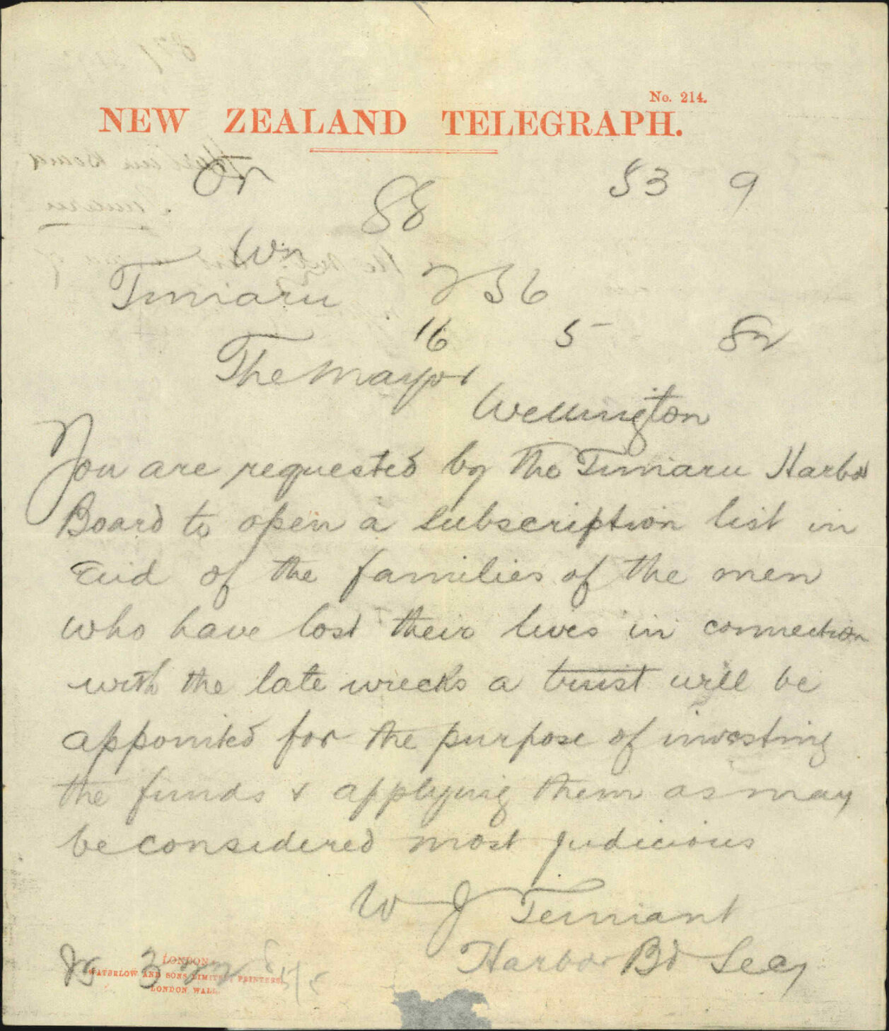 Subscription list in aid of suffering by wreck - Harbour Board Timaru