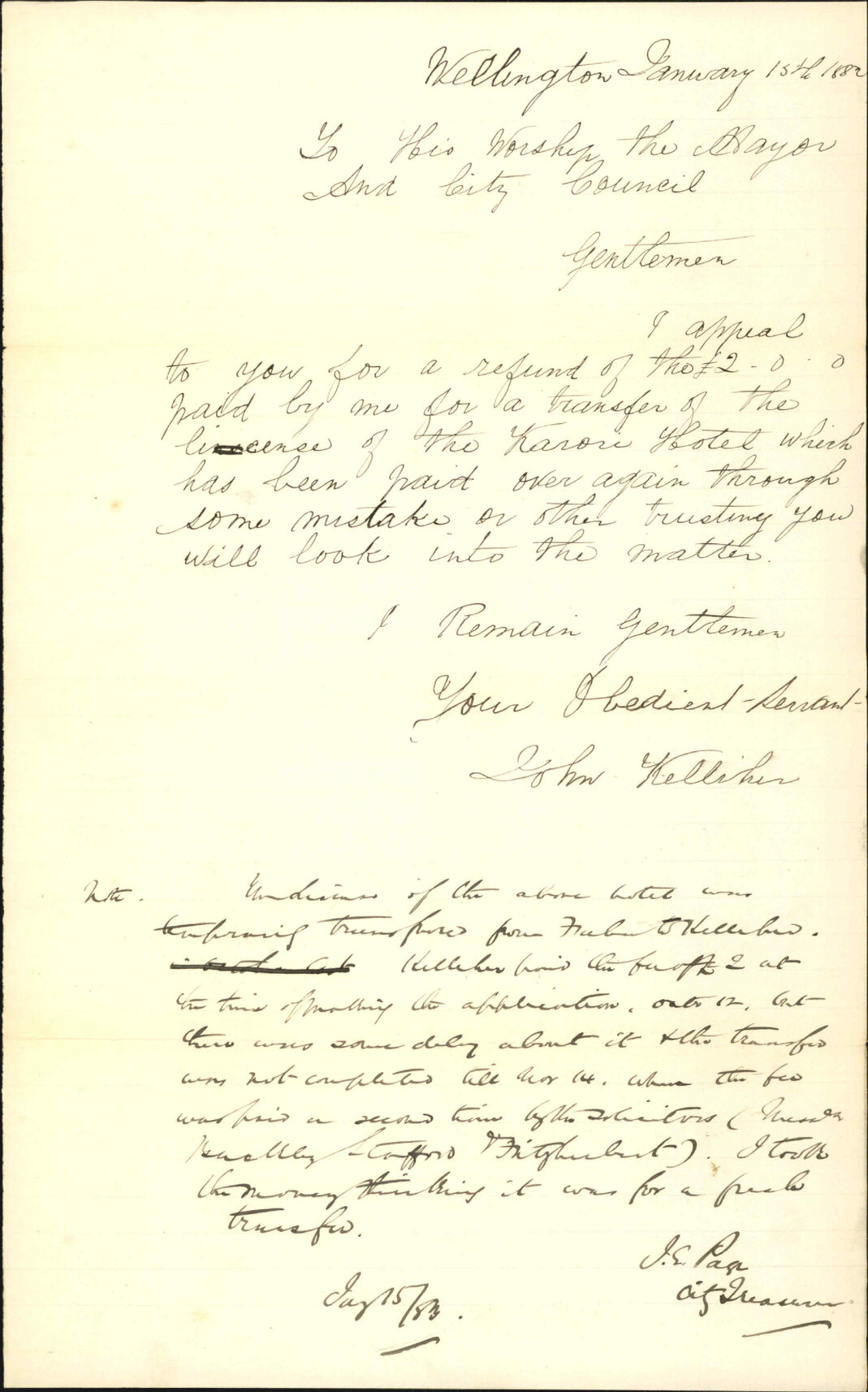 Application for refund of Transfer License - J Kelleher