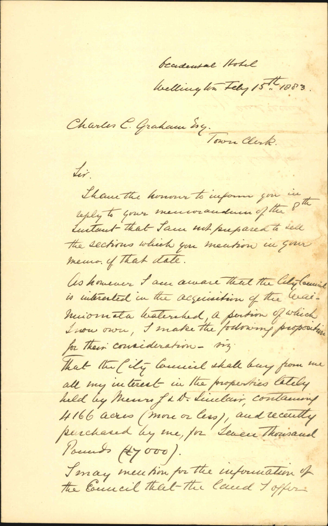 Offer as to land at Wainui watershed - A E Russell