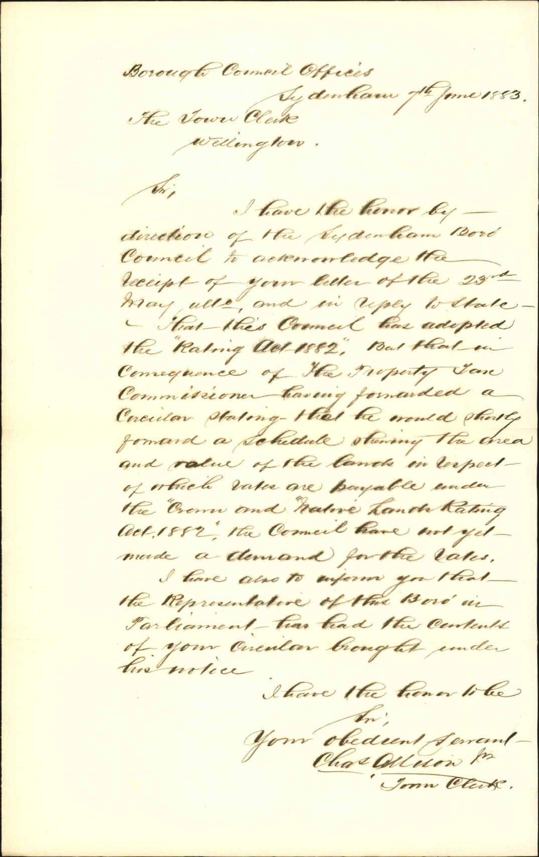 Crown Lands Rating and Rating Act 1882, adopted - Town Clerk Sydenham