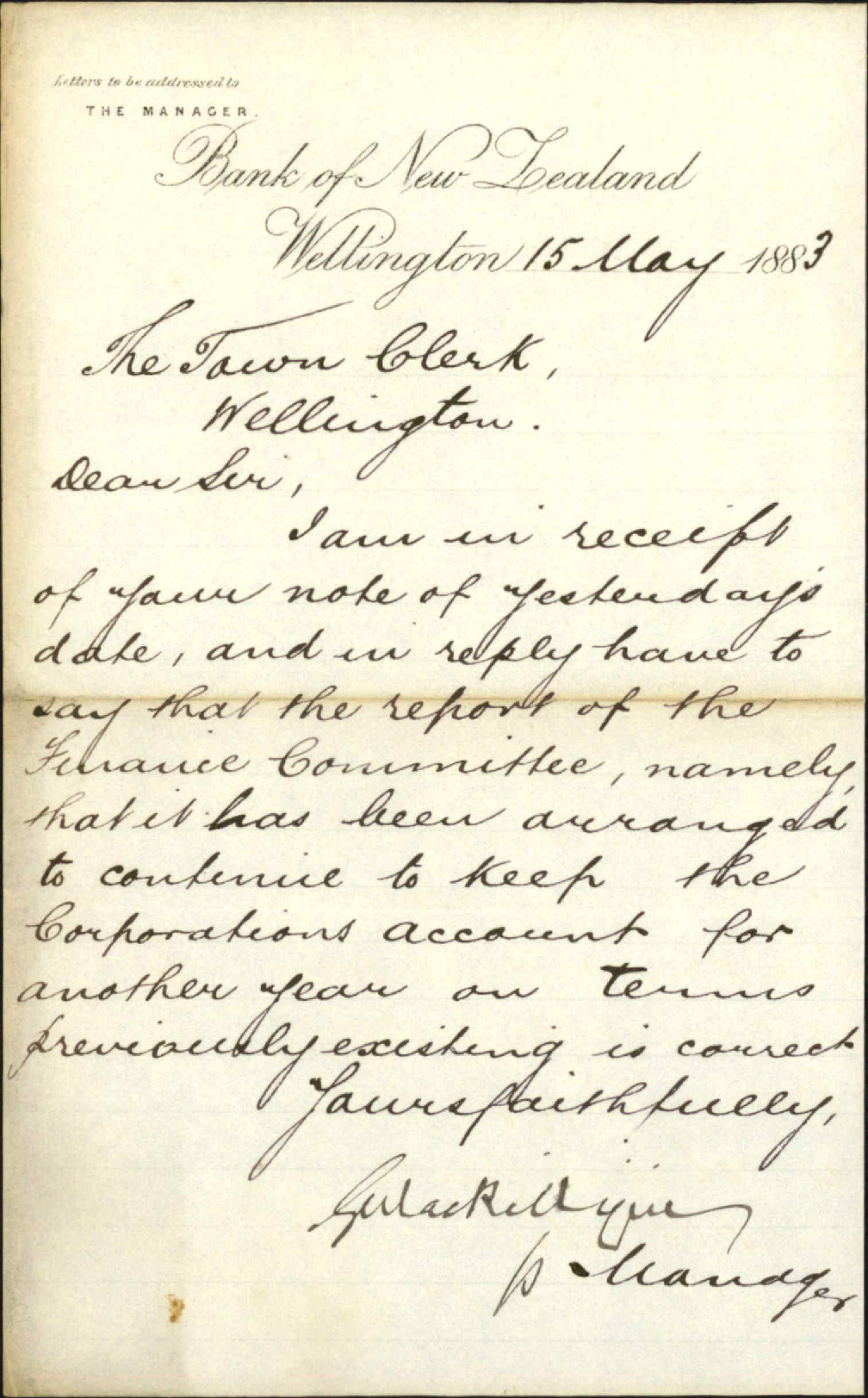 Confirming continuation of corporation account for one year - Bank of New Zealand