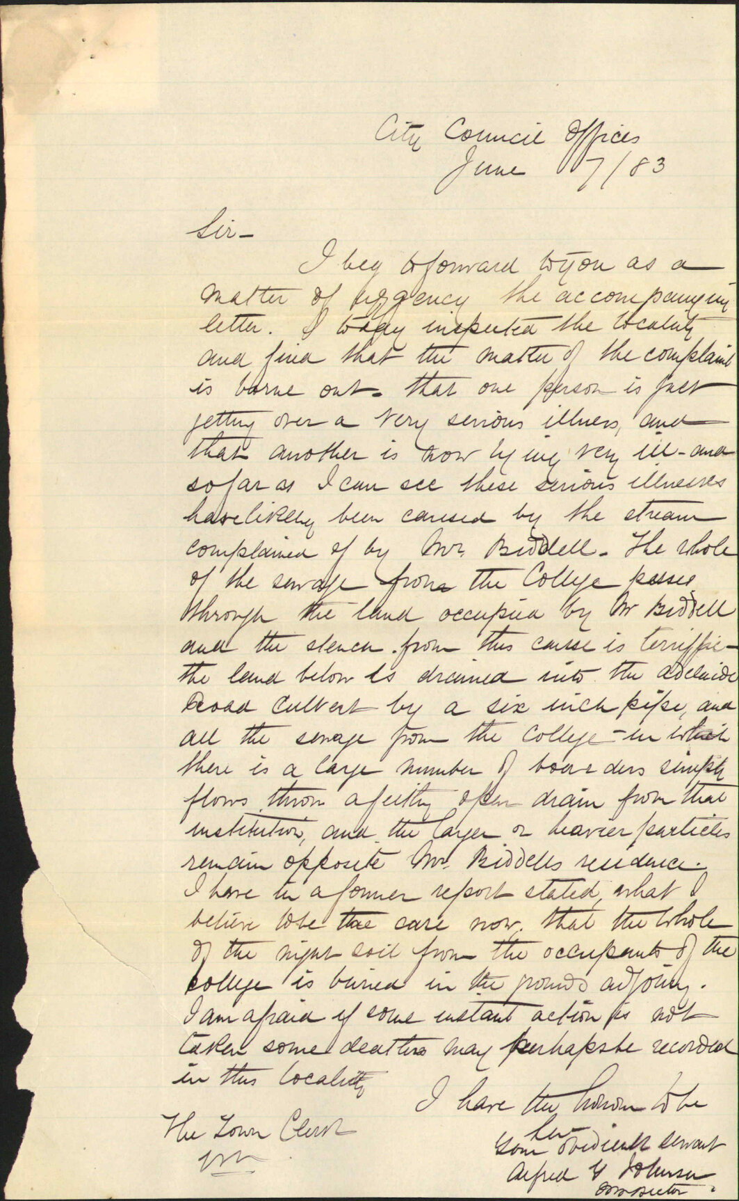 Open drain from Wellington college, Mr Biddles complaint - Inspector of Nuisances
