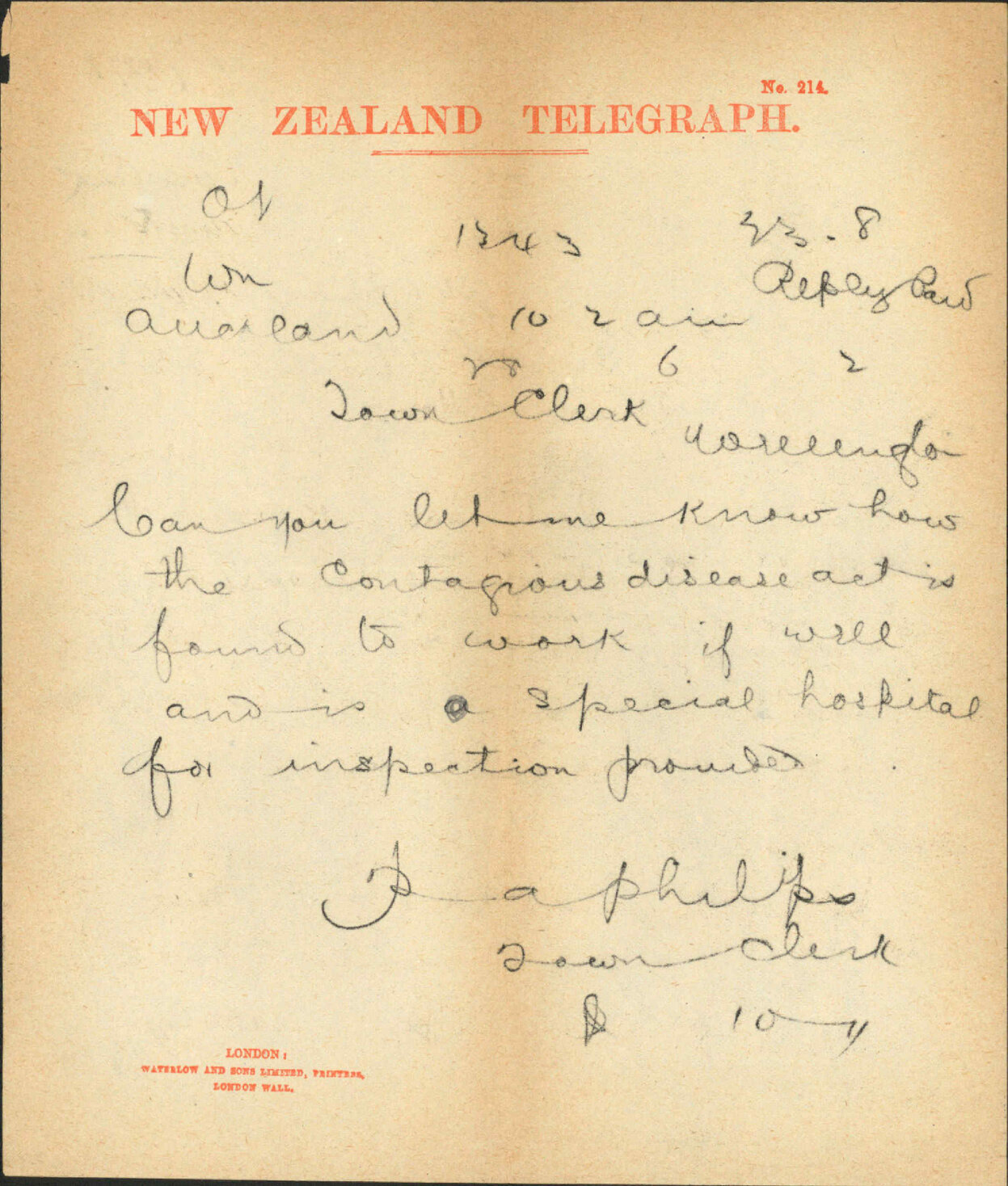 As to working of the Contagious Disease Act - Town Clerk Auckland