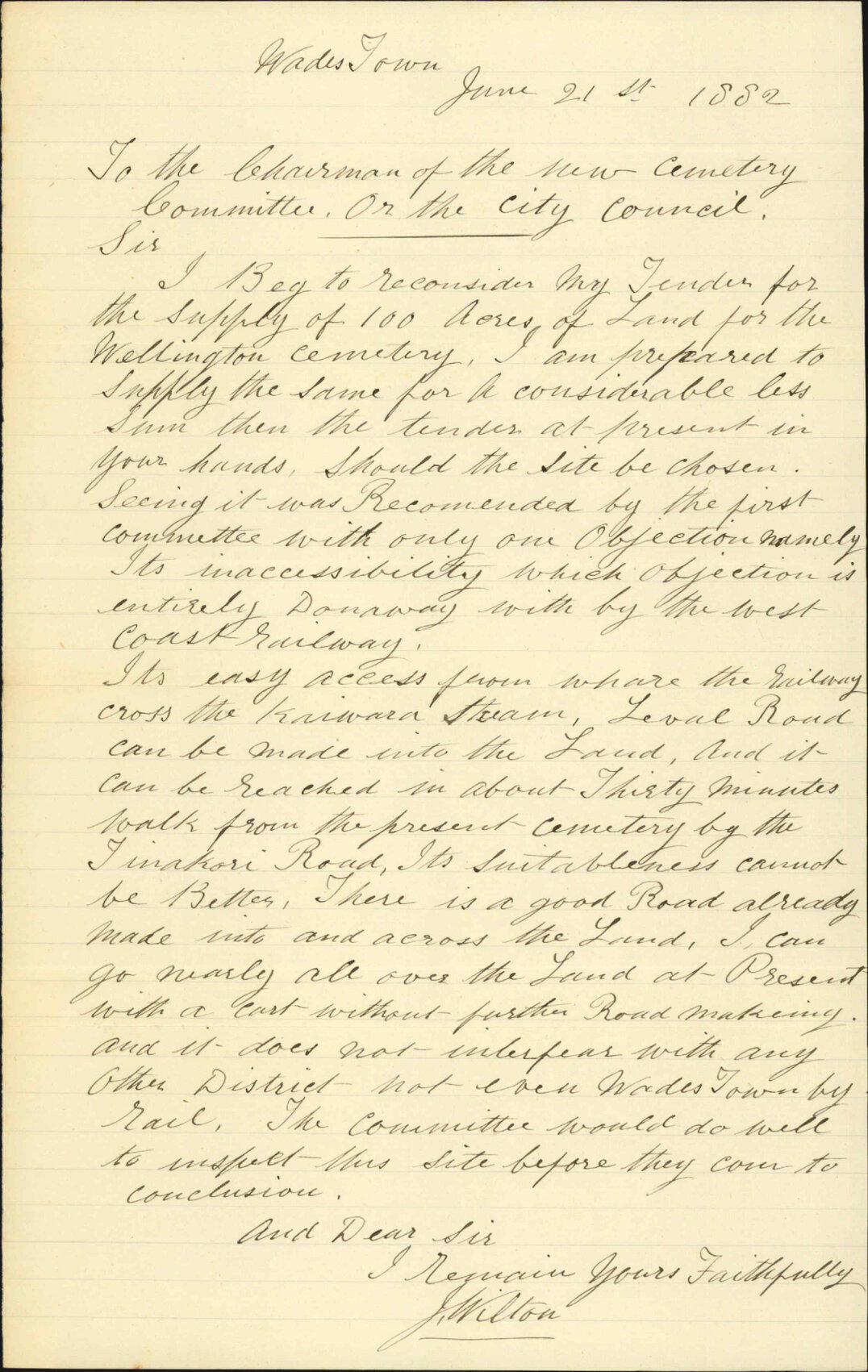 Offer of site for Cemetery - J Wilton