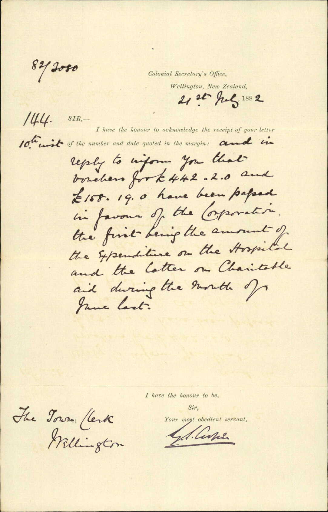 With remittance hospital account - Colonial Secretary