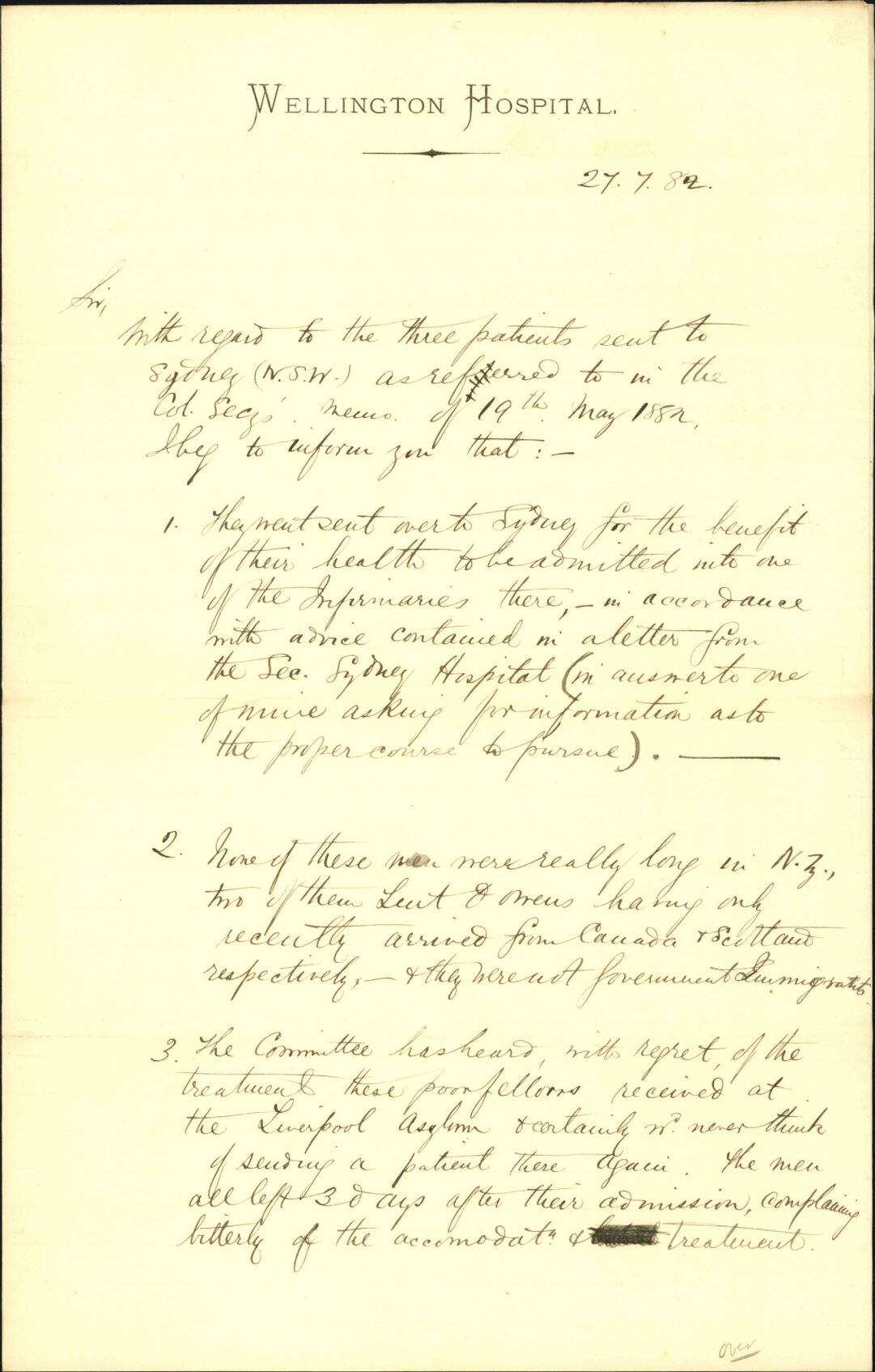 Report as to convalescent patients sent to Sydney - Resident Surgeon Hospital