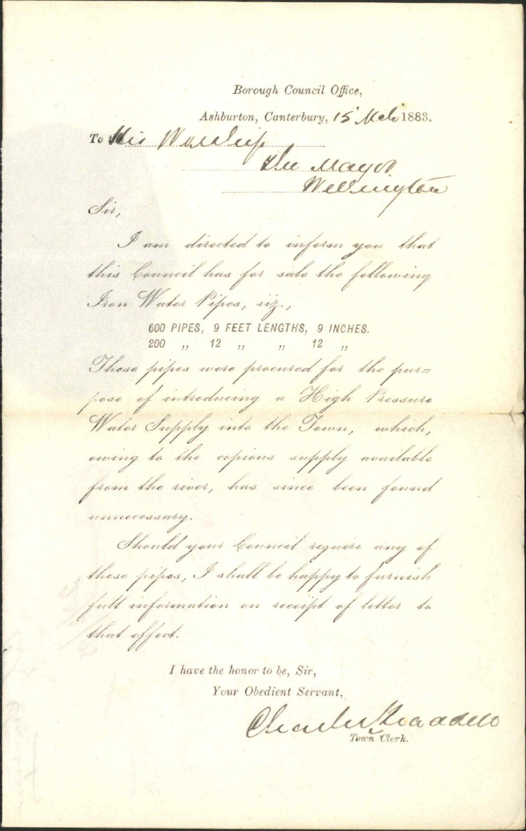 Forwarding particulars of water pipes for disposal of - Town Clerk, Ashburton
