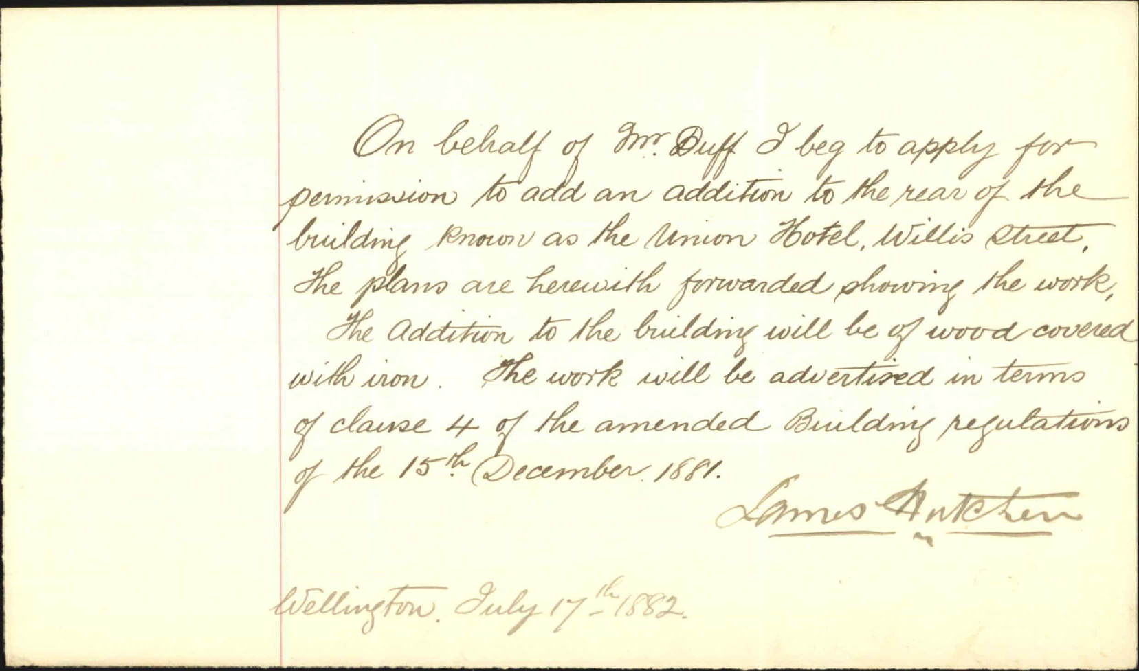 Application for additions to Union Hotel - James Hutchen