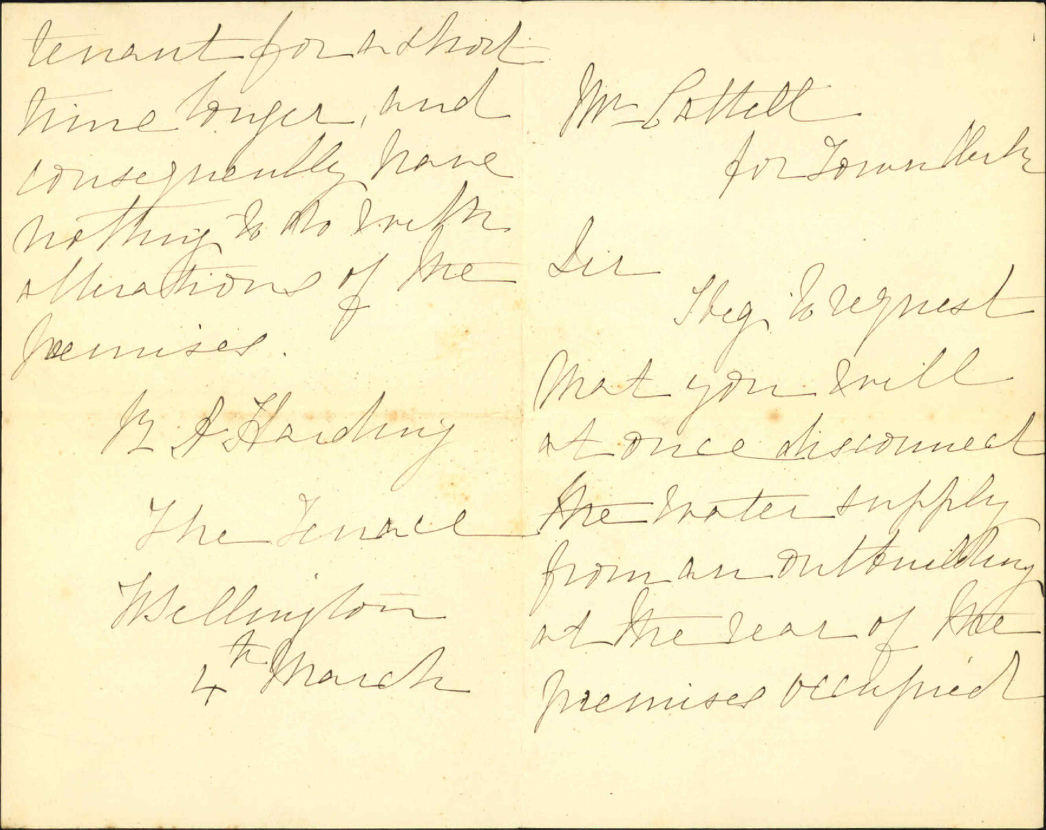 Water supply to her premises, Terrace - Mrs Harding