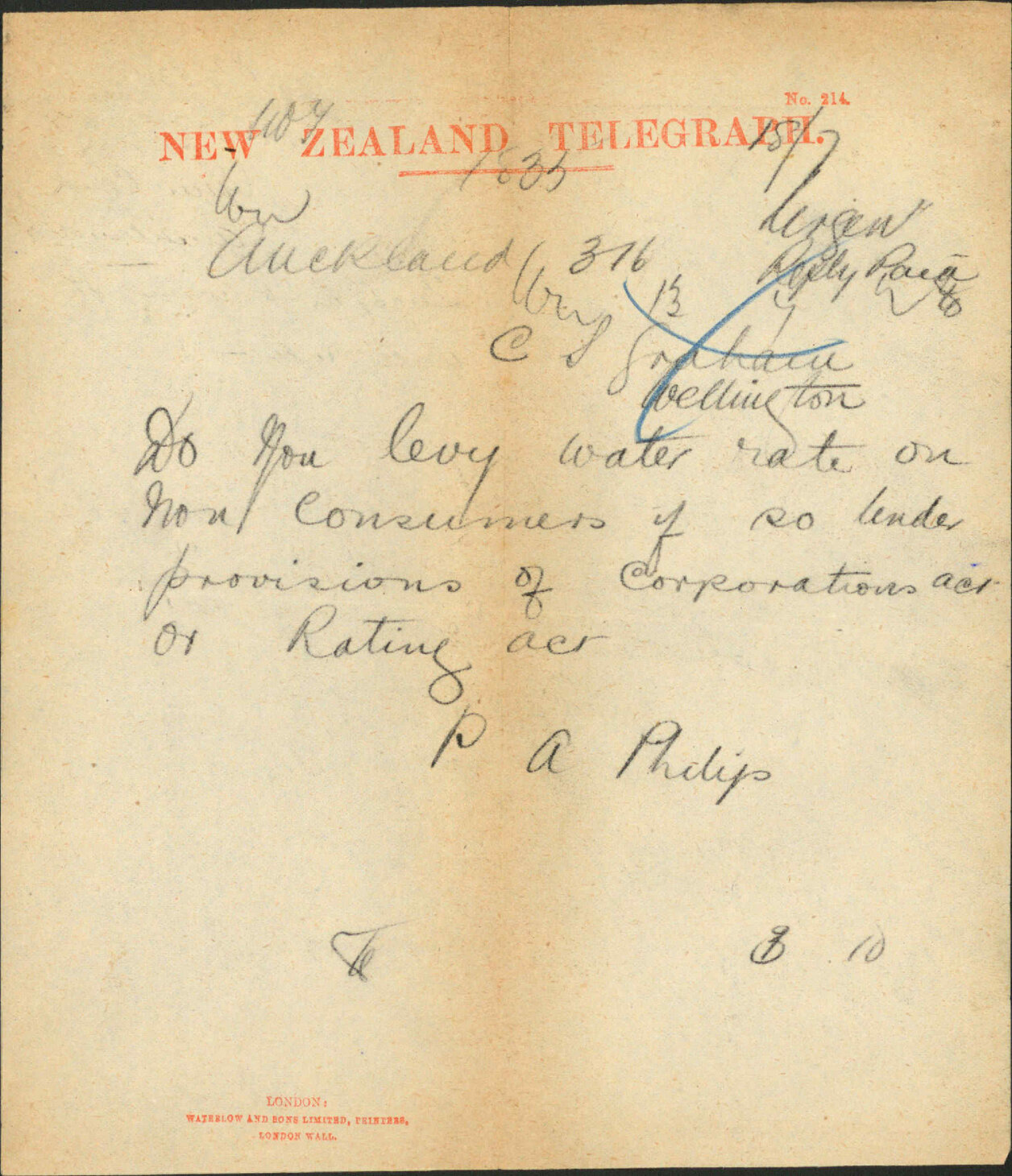 Query as to levying on water rates - Town Clerk Auckland