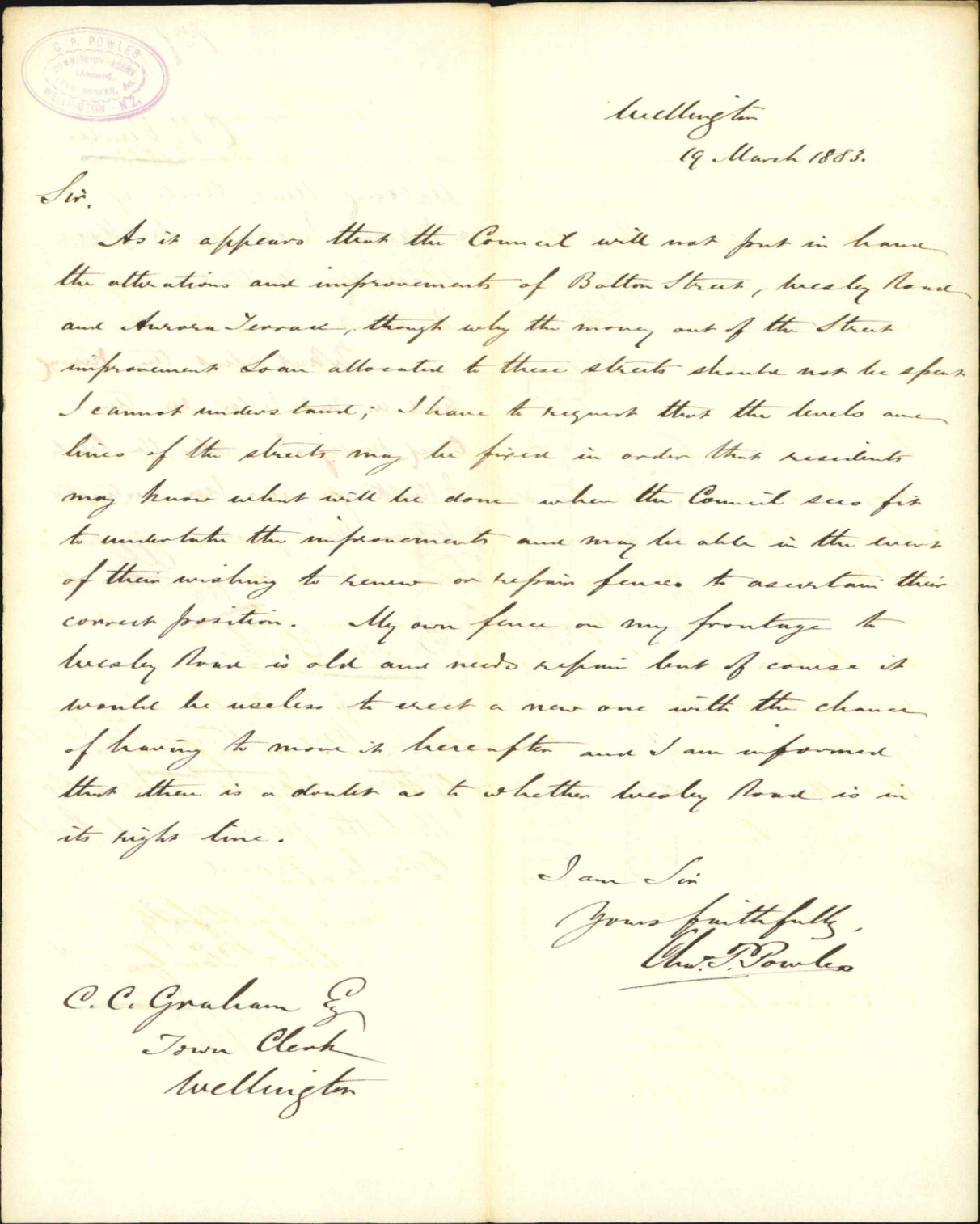 Asking that levels of Aurora Terrace to be fixed and surveys settled - C P Powles