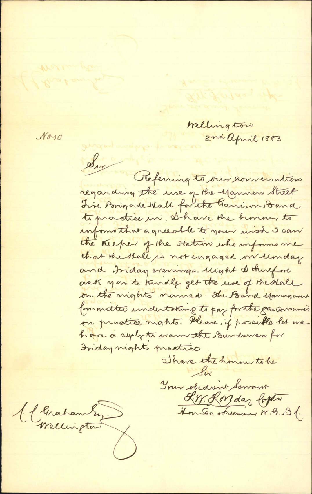 Application for use of Manners Street hall for garrison band - L W Loveday