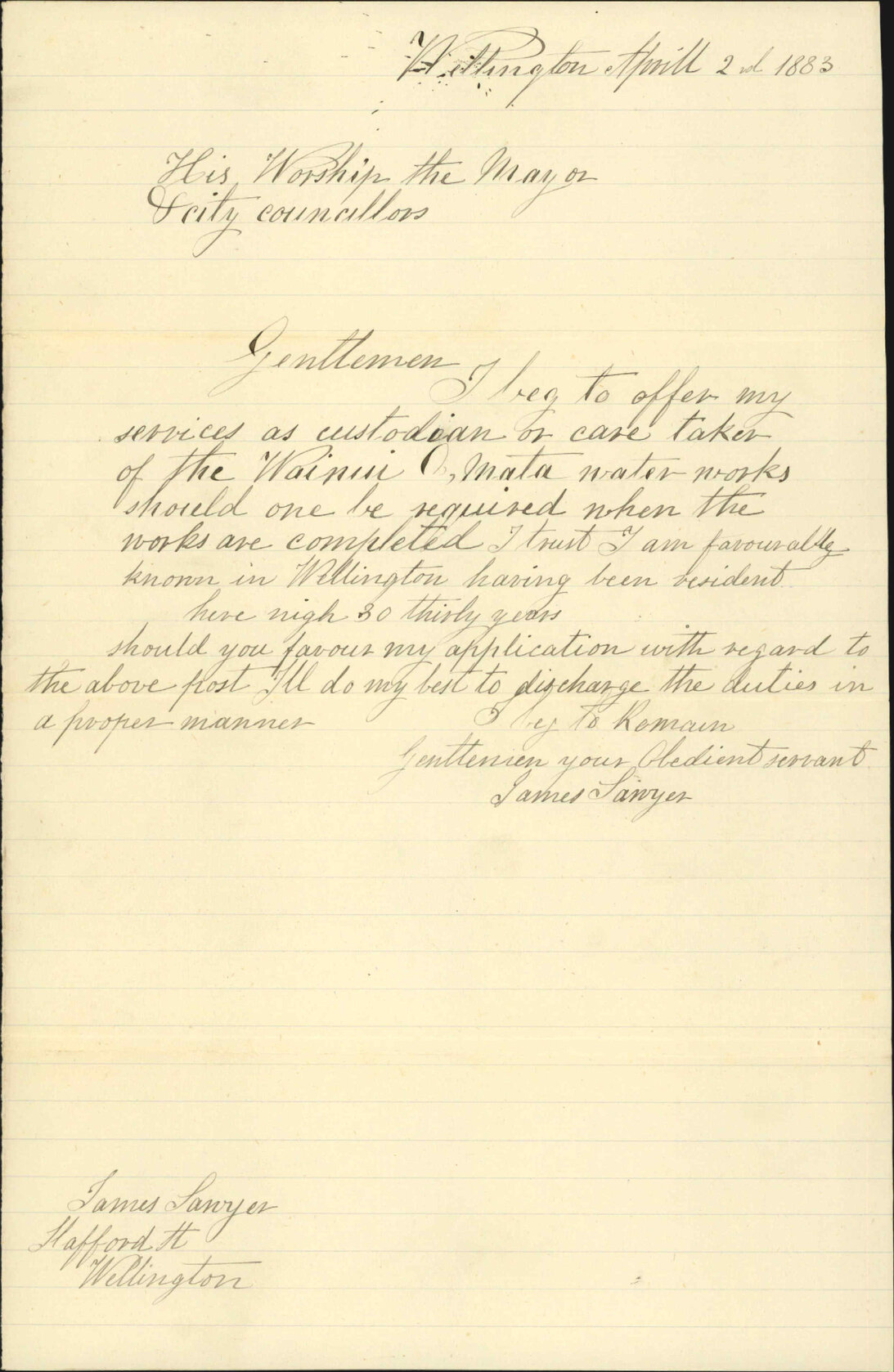 Application for office of Custodian, Wainuomata water works - James Sawyer