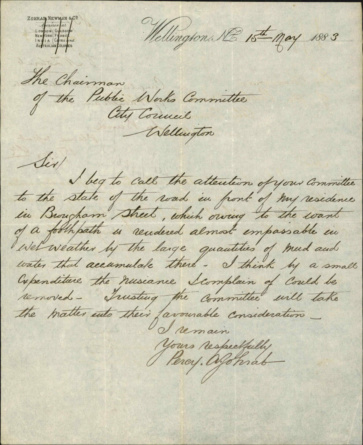 Complaint as to the state of Brougham Street - Percy A Zohrab
