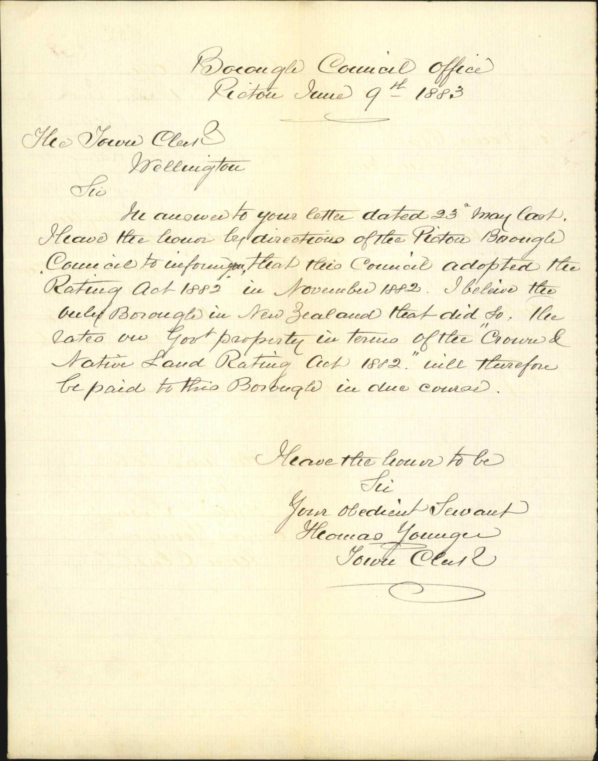 Crown Lands Rating Act 1882, adopted - Town Clerk Picton