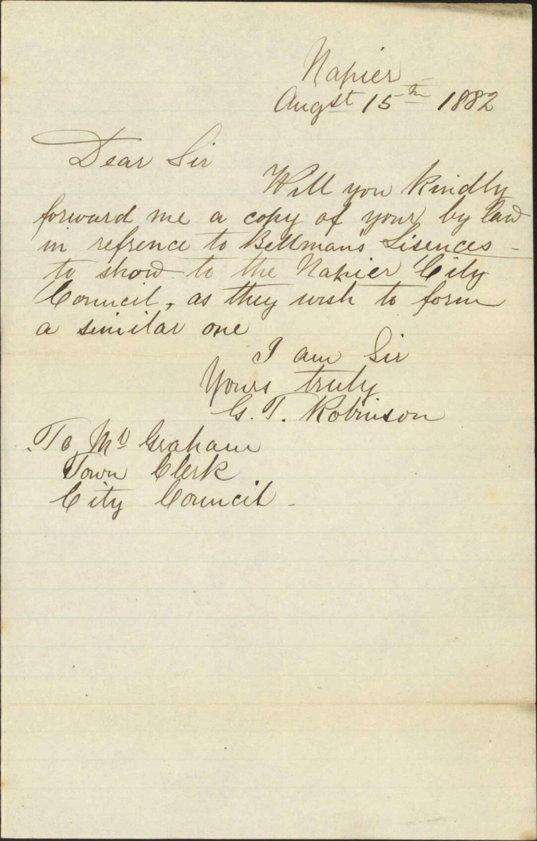 Application for copy of bylaws [for Napier City Council] - G J Robinson